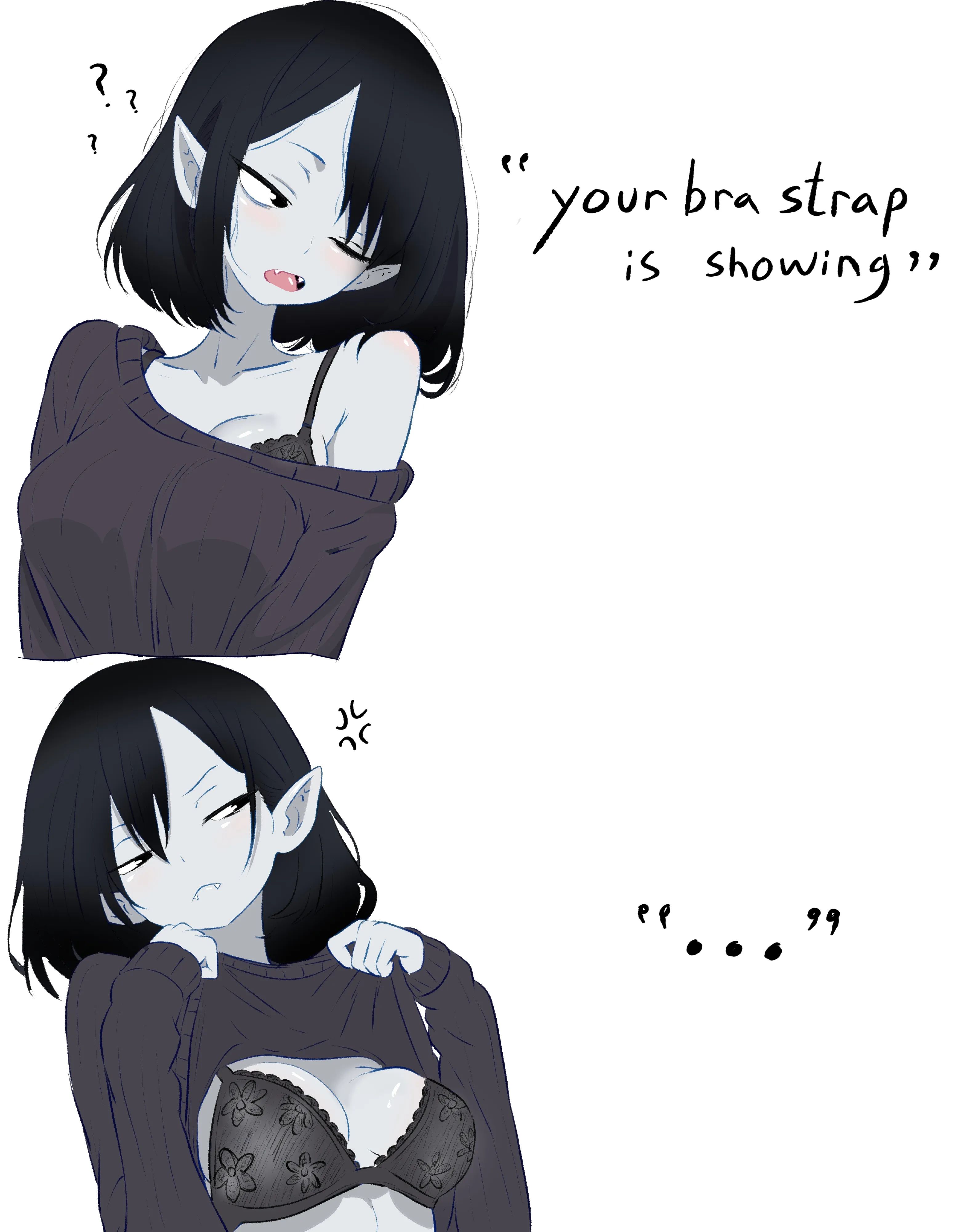 ..., 1girls, 2d, 2d (artwork), 2d artwork, adult, adult female, adventure time, angry, angry expression, angry eyebrows, angry face, anime, anime character, annoyed, annoyed expression, annoyed face, background, big boobs, big breasts, bighugelarge1, black bra, black hair, black lingerie, black sweater, black topwear, black underwear, black-haired female, blank background, bra, bra strap is showing (meme), breasts, breasts apart, busty, busty female, busty girl, cartoon network, cartoon network studios, cleavage, collarbone, dialogue, digital, digital art, digital drawing, digital drawing (artwork), digital media, digital media (artwork), drawing, english, english dialogue, english text, exposing, exposing breasts, exposing chest, exposing self, eye closed, fanart, fangs, female, female focus, female only, fingers, frown, frown eyebrows, frowning, grey breasts, grey skin, grey skinned female, grey-skin, grey-skinned female, grey-skinned girl, half-closed eyes, head tilt, inframammary fold, irritated, lace bra, lace underwear, lace-trimmed bra, lace-trimmed underwear, laced bra, laced underwear, large boobs, large breasts, lingerie, lingerie bra, manga character, marceline, marceline abadeer, marceline the vampire queen, mature, mature female, mature woman, midriff, monotone background, one color background, one eye closed, one eye open, one-eye closed, open mouth, parted bangs, parted lips, personality, plain background, portrait, presenting breasts, revealing breasts, scowl, short hair, shoulders, showing breasts, showing chest, solid color background, solo, speaking, standing, sweater, sweater aside, sweater lift, sweater pull, talking, text, tilted head, tongue, topwear, topwear aside, topwear lift, topwear pull, underwear, upper body, upper teeth, vampire, vampire girl, vampire teeth, white background, woman