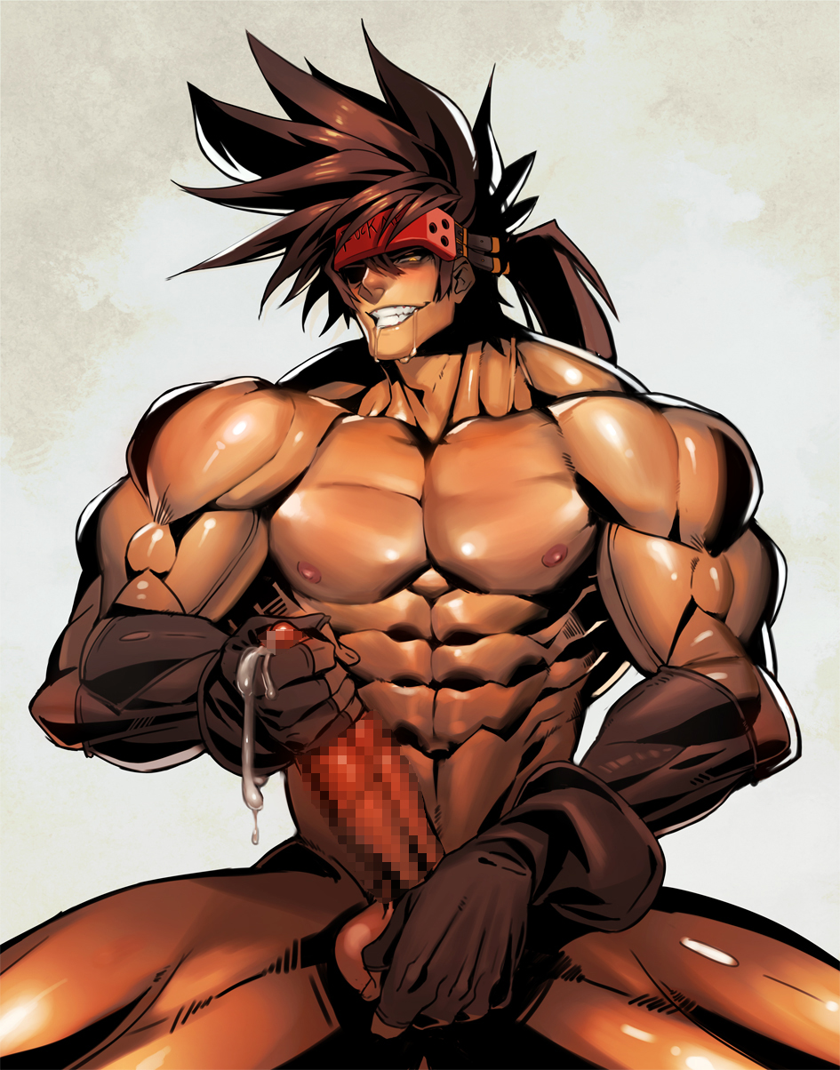 1boy abs bara brown_hair censored chest collarbone completely_nude erection guilty_gear headgear highres long_hair male_focus male_masturbation male_only masturbation mosaic_censoring muscle muscular muscular_male na_insoo navel nipples nude penis ponytail rennik saliva saliva_trail shiny shiny_skin simple_background sol_badguy solo spiked_hair testicle_grab thick_thighs thighs yellow_eyes