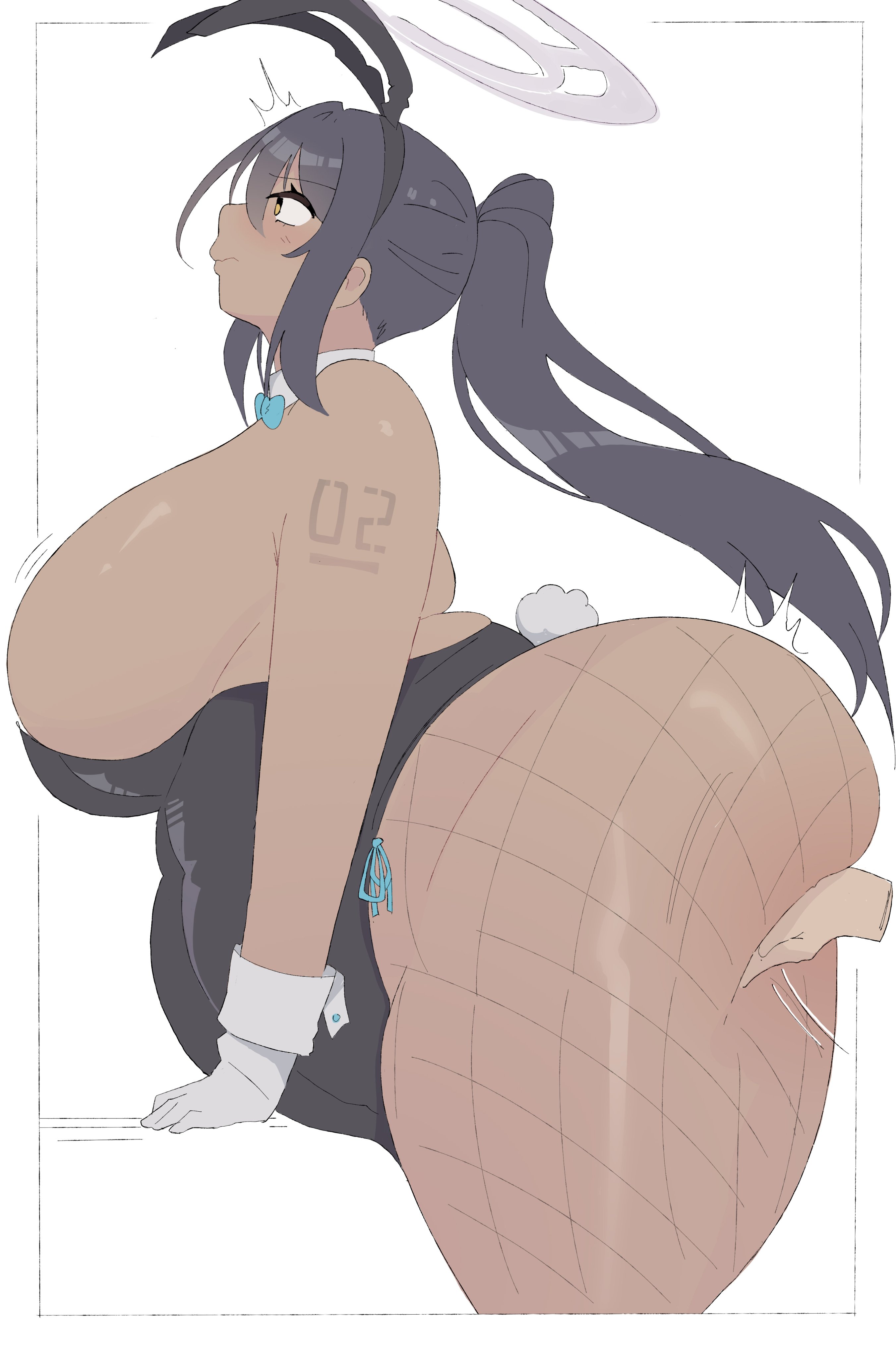 1girl, animal ear hairband, animal ears, arched back, arm tattoo, ass, black hair, black hairband, black leotard, blue archive, blue bow, blue bowtie, blush, bowtie, breasts, chubby, chubby female, dark skin, dark-skinned female, detached collar, disembodied hand, fake animal ears, fat, fat woman, fishnet pantyhose, fishnets, from side, gloves, grabbing another's ass, groping, hairband, halo, huge ass, huge breasts, karin (blue archive), karin (bunny) (blue archive), leotard, long hair, napolitane, number tattoo, obese, pantyhose, playboy bunny, ponytail, rabbit ear hairband, rabbit ears, rabbit tail, sideboob, spanking, tattoo, thick thighs, thighs, white background, white gloves, yellow eyes