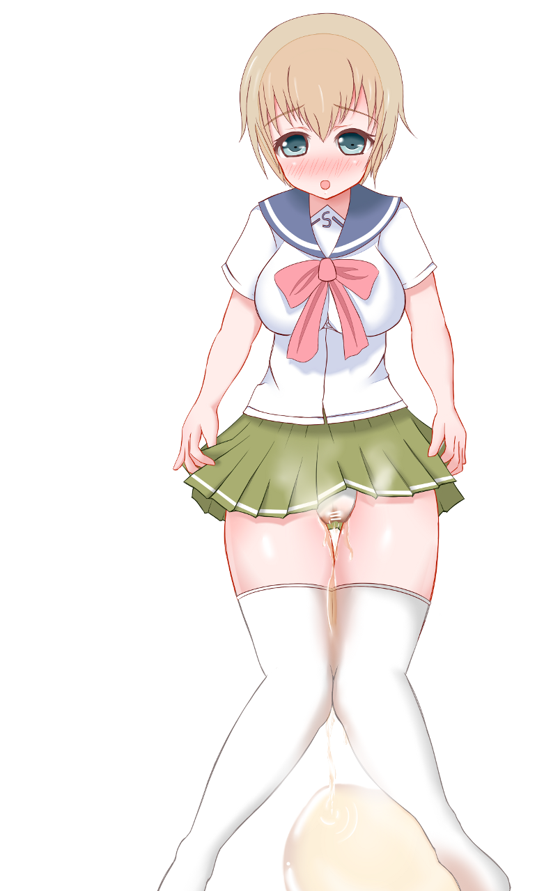 arykei blush eyebrows_visible_through_hair female green_skirt l85a1_(upotte!!) large_breasts open_mouth peeing short_hair solo upotte!! white_background white_legwear white_socks