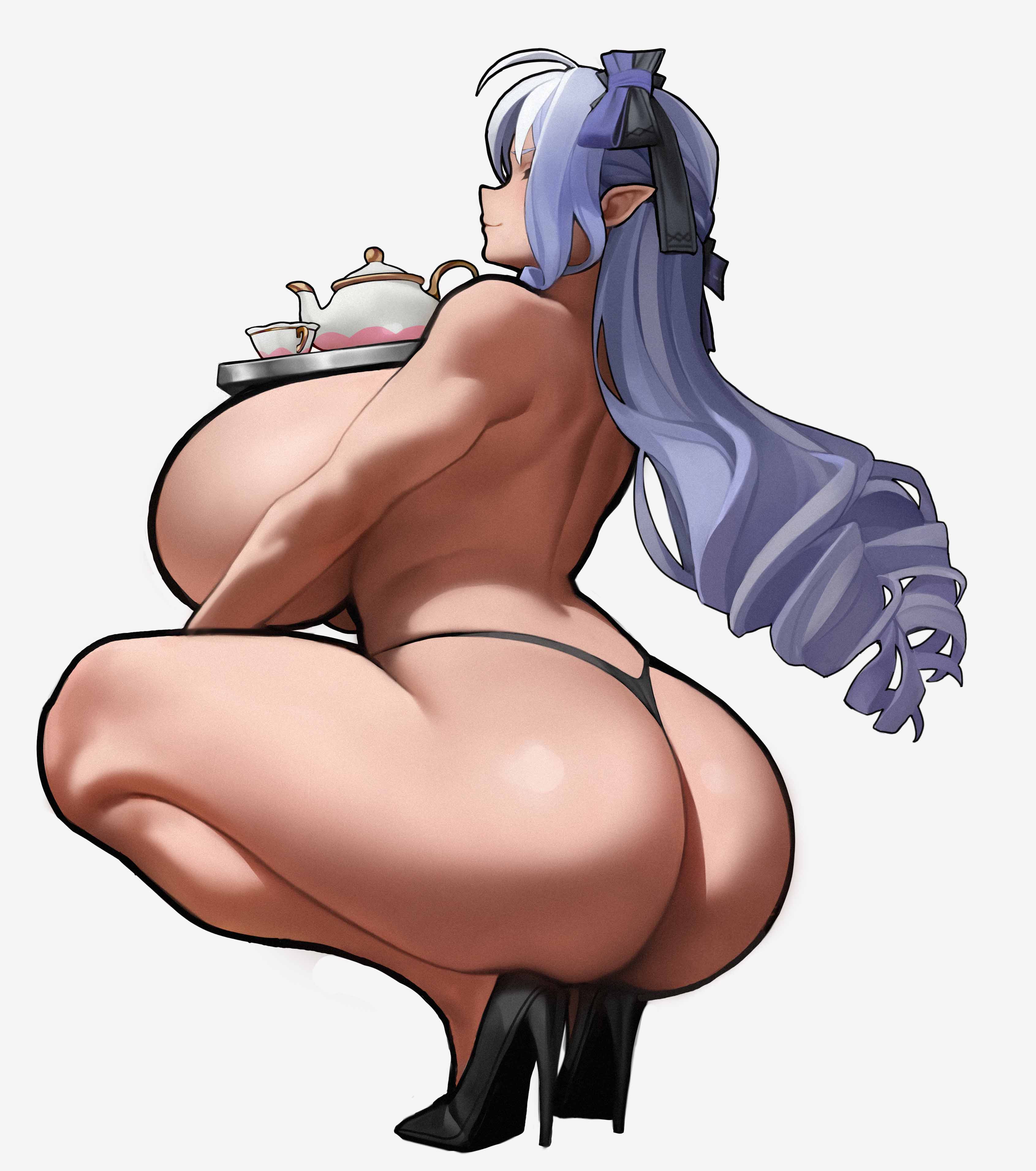 1girl, 2d, ass, big ass, big breasts, breasts, breasts bigger than head, female, female focus, female only, hi res, high heels, hoyoverse, huge ass, huge breasts, large breasts, light skin, light-skinned female, mostly nude, mostly nude female, pointy ears, purple hair, ribbon in hair, spiralnoww, squatting, tagme, tea set, thick thighs, thighs, thighs bigger than head, thong, vivian (zenless zone zero), vivian banshee, voluptuous female, zenless zone zero