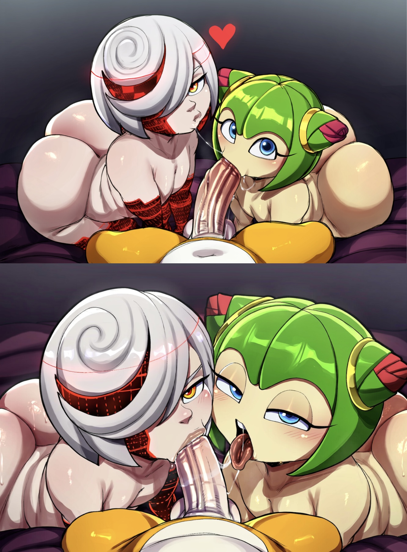 2girls, ai generated, blowjob, cosmo the seedrian, double fellatio, heart, miles prower, miles tails prower, pov, sage (sonic frontiers), sage (sonic), saliva trail, shortstack, sonic (series), sonic the hedgehog (series), sonic x, tails the fox