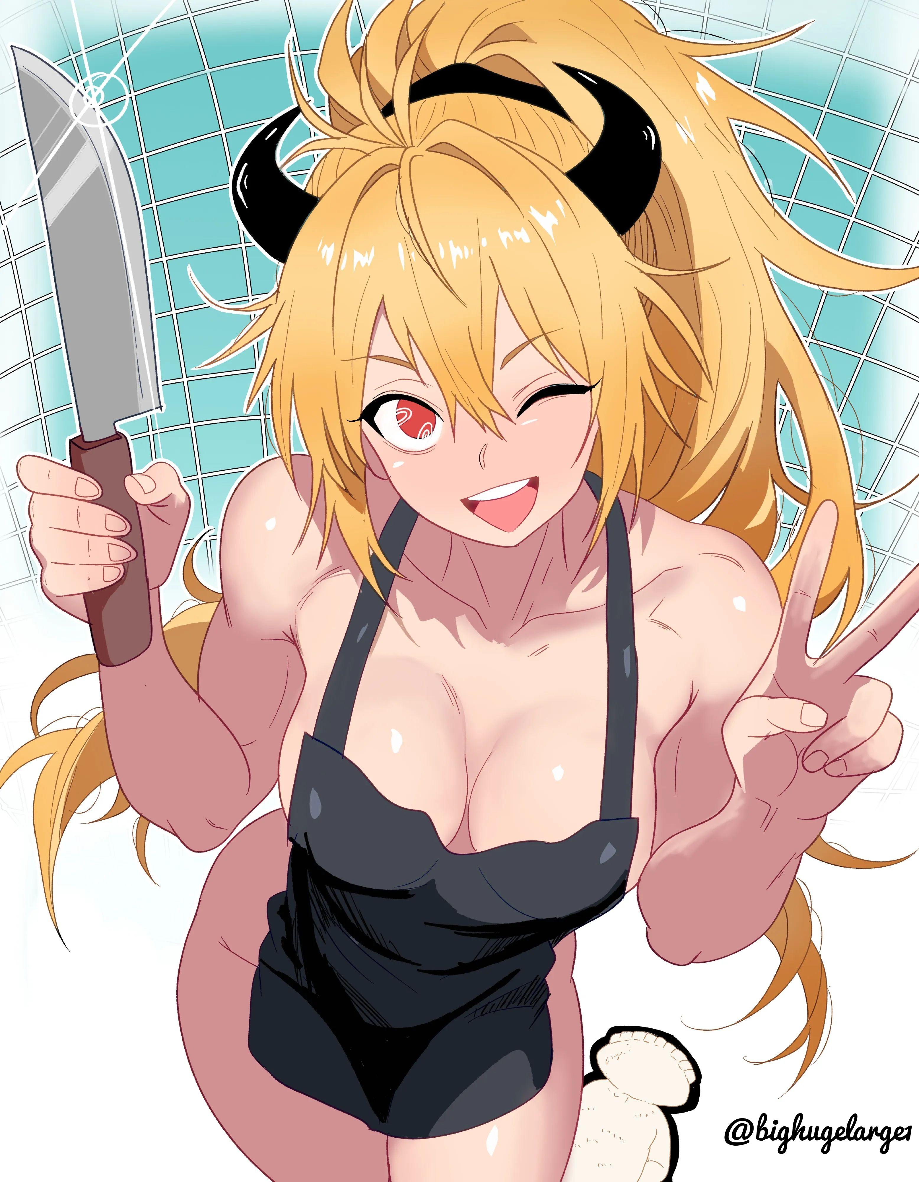 ;), 1girls, 2d, 2d (artwork), 2d artwork, adult, adult female, apron, apron only, bare arms, bare chest, bare hands, bare hips, bare legs, bare shoulders, bare skin, bare thighs, bighugelarge1, black apron, black horn, black horns, blonde, blonde female, blonde hair, blonde hair female, blonde-haired female, breasts, busty, busty female, busty girl, cleavage, collarbone, curvaceous, curvaceous body, curvaceous female, curvaceous figure, curvaceous hips, curvy, curvy body, curvy female, curvy figure, curvy hips, digital, digital art, digital drawing, digital drawing (artwork), digital media, digital media (artwork), dorohedoro, drawing, elbows, exposed arms, exposed chest, exposed hips, exposed legs, exposed shoulders, exposed skin, exposed thighs, eye closed, eyebrows visible through hair, female, female focus, female only, fingernails, fingers, hair between eyes, happy, horn, horns, hourglass figure, inguinal crease, inguinal ligament, knife, large breasts, lean figure, legs closed, legs together, long hair, looking at viewer, looking up, looking up at viewer, mature, mature female, mature woman, narrow waist, nikaidou (dorohedoro), one eye closed, one eye open, open mouth, open mouth smile, parted lips, peace sign, ponytail, portrait, posing, posing for the viewer, posing naked, posing nude, red eyes, red-eyed female, shoulders, sign, slender body, slender waist, slim female, slim waist, smile, smiley face, smiling, smiling at viewer, solo, standing, thick thighs, thighs, thighs together, tied hair, tongue, upper body, upper teeth, v, v sign, wide hips, wink, winking, winking at viewer, winking eye, woman