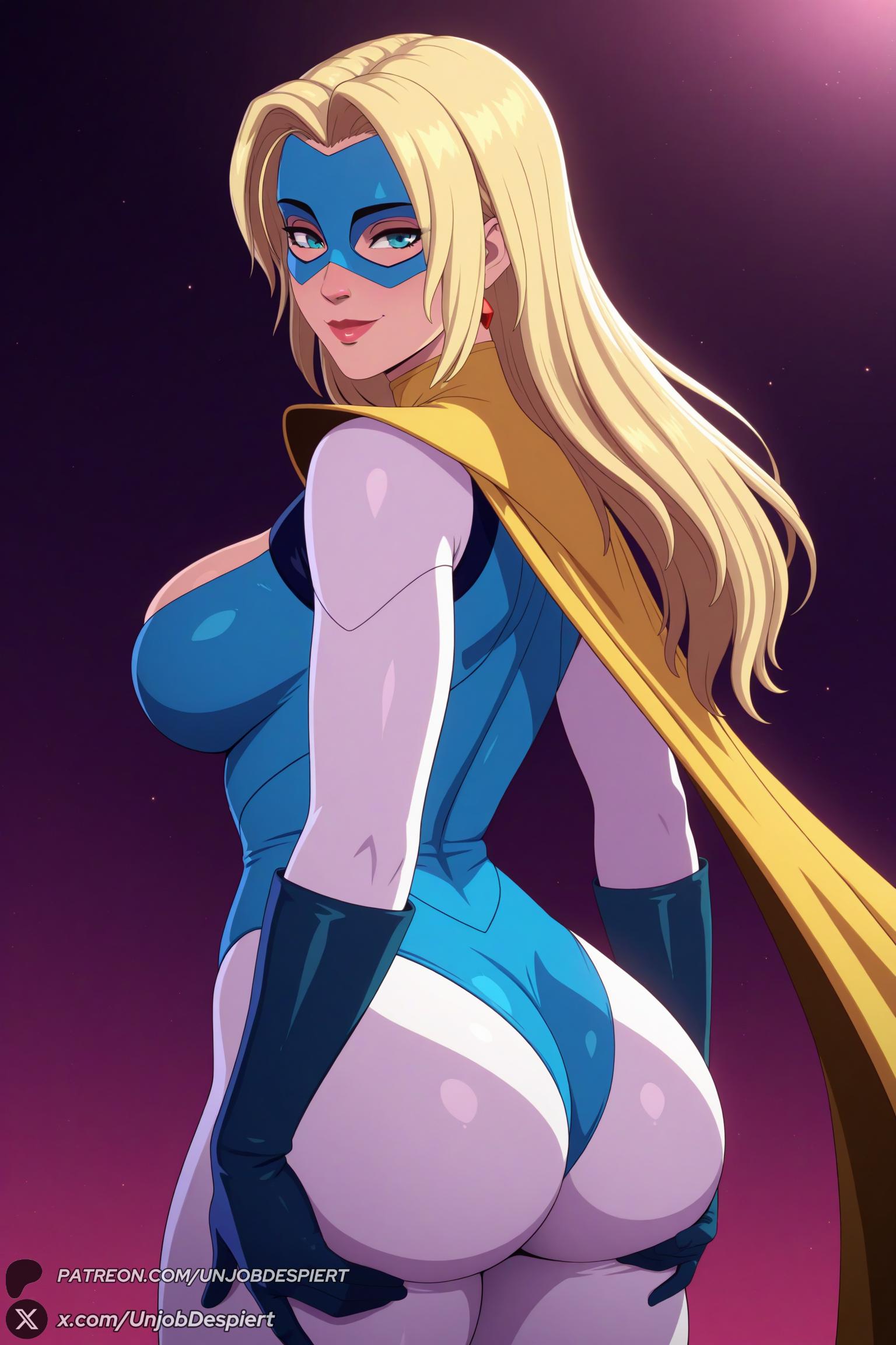 1female 1girl 1girls 2026 ai_generated artist_name ass ass_support big_ass big_breasts black_gloves blonde_blazer blonde_hair blue_eyes breasts cape closed_mouth curvy dispatch dispatch_(game) earrings elbow_gloves from_behind gloves hands_on_own_ass hi_res high_quality high_resolution highres huge_ass huge_breasts jewelry large_breasts leotard lips long_hair looking_at_viewer looking_back mask patreon patreon_username shiny shiny_hair smile solo thighs unjobdespiert watermark