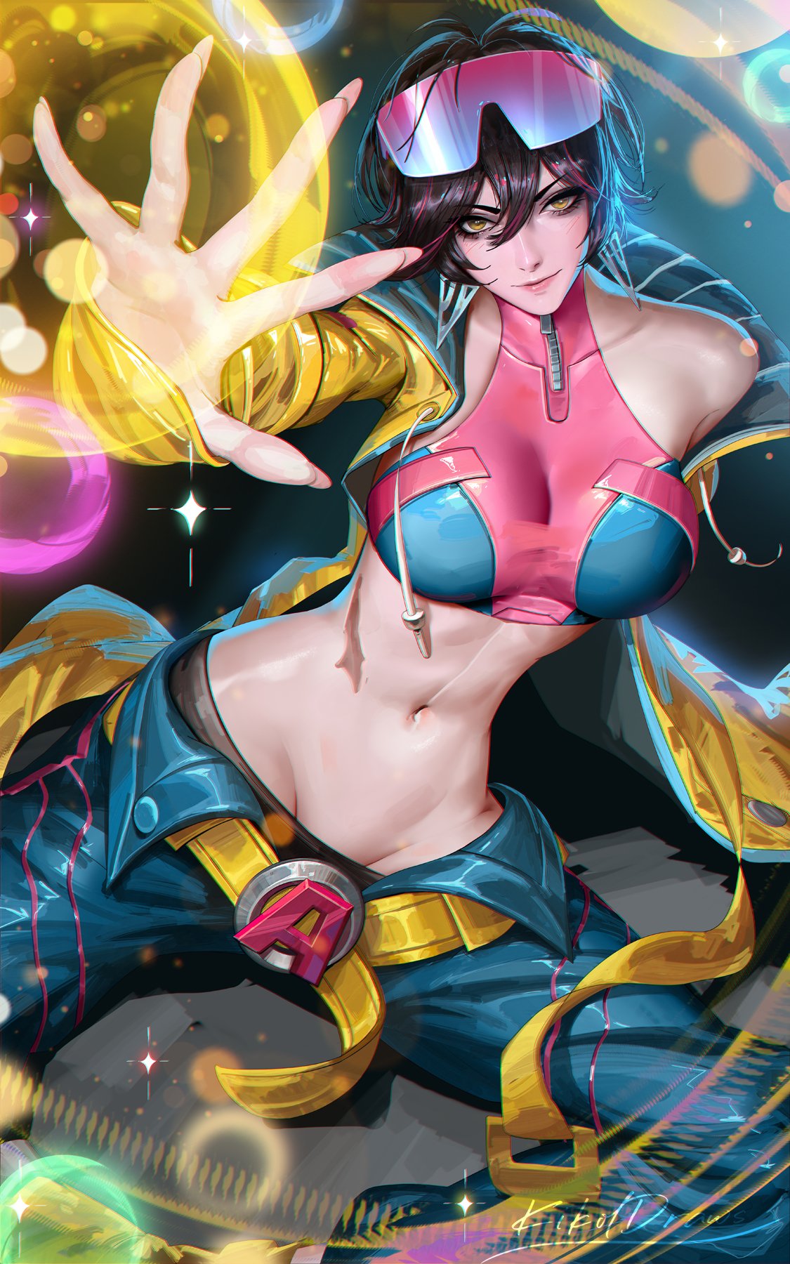 1girls, 2d, big breasts, cleavage, clothed, female, female only, fully clothed, jubilation lee, jubilee, jubilee (marvel rivals), liang xing, marvel, marvel rivals, midriff, navel, solo, thick thighs