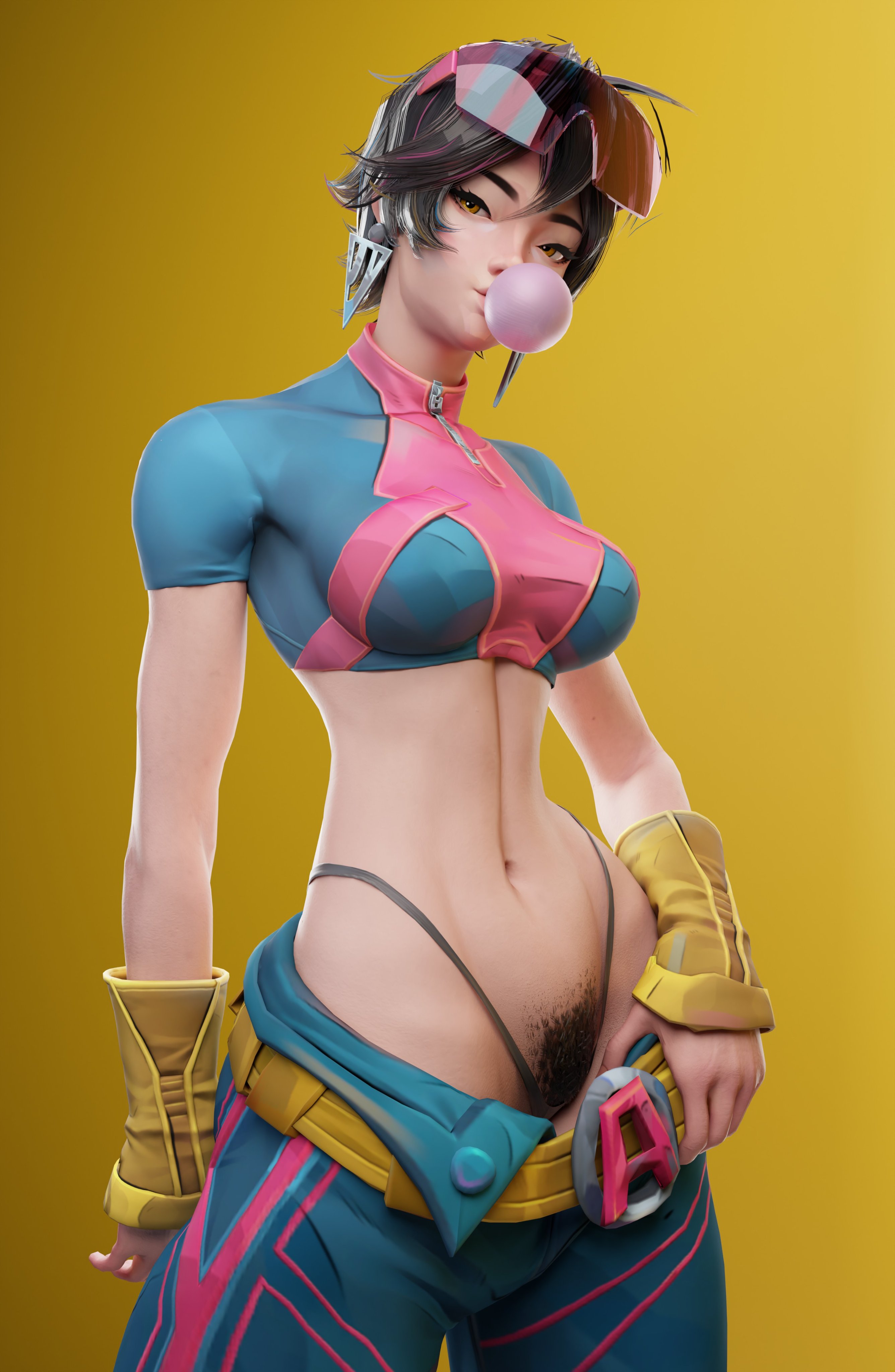 1girls, 3d, blendowan, bubblegum, female, female only, hairy pussy, jubilation lee, jubilee, jubilee (marvel rivals), marvel, marvel rivals, pubic hair, pubic hair peek, solo, solo female, themadcommander, thong, x-men, yellow background
