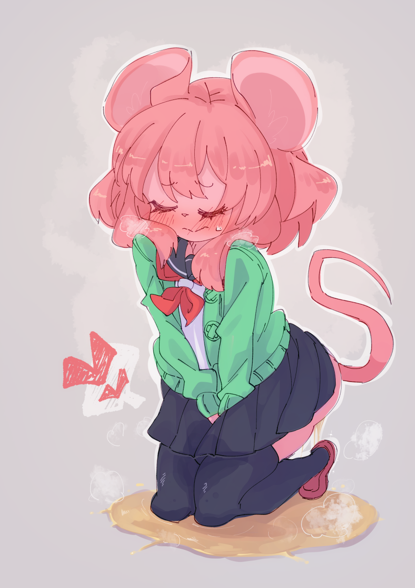 2020 anthro blush blushing bodily_fluids bottomwear cardigan closed_eyes clothed clothing digital_media_(artwork) female footwear fur genital_fluids hair heart hi_res holding_crotch kemono legwear mammal mouse murid murine omorashi pee peeing pink_body pink_fur pink_hair rodent school_uniform serafuku shirt shoes simple_background skirt solo steam stockings sweater topwear uniform urine urine_pool wetting youki029