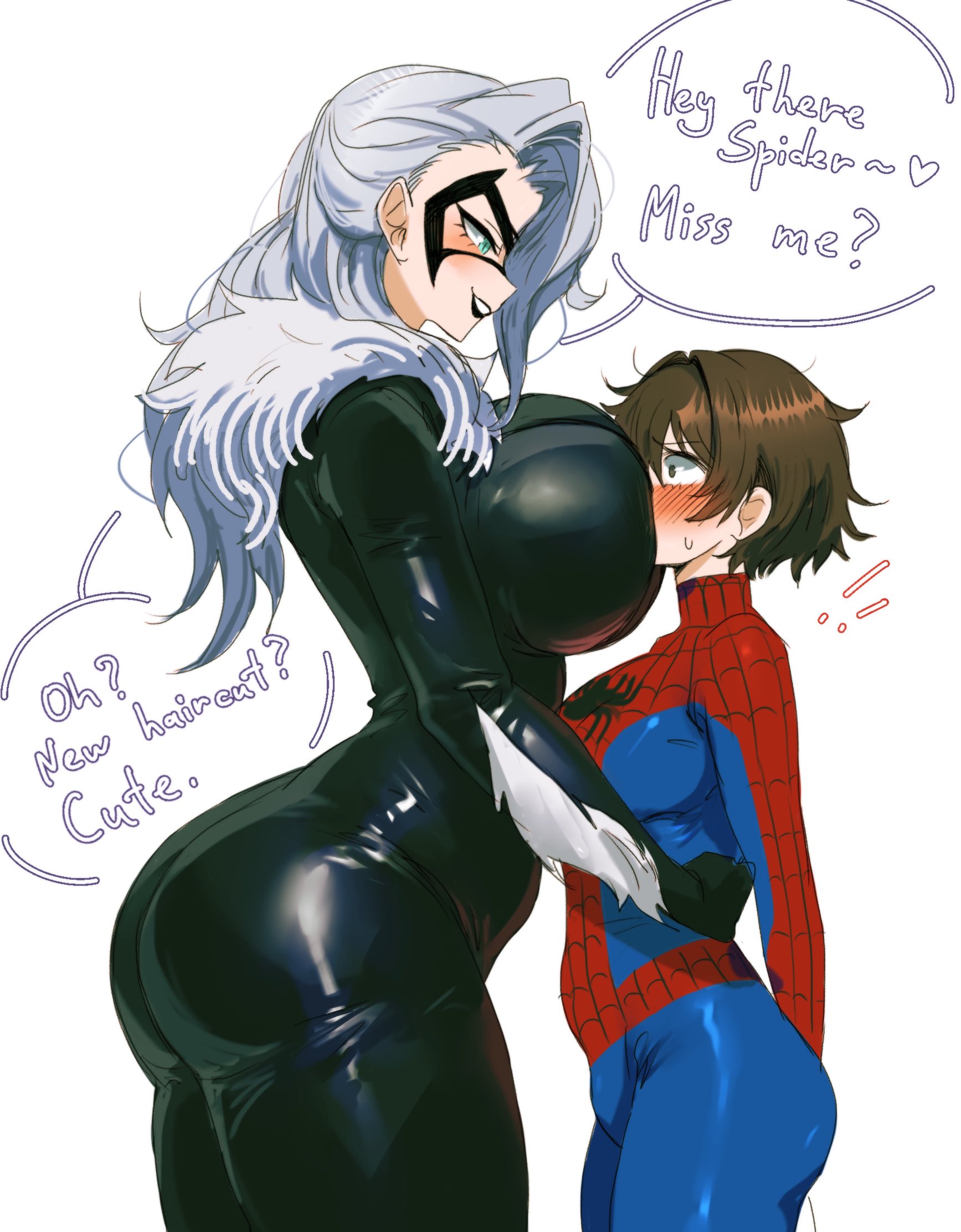 2026, 2girls, black cat (marvel), bodysuit, breast smother, breasts, felicia hardy, female, female focus, female only, large breasts, light skin, light-skinned female, marvel, oyxee, petra parker, rule 63, skin tight, spider-man, spider-man (series), thick thighs, thighs, tight clothes, tight clothing, wide hips, yuri