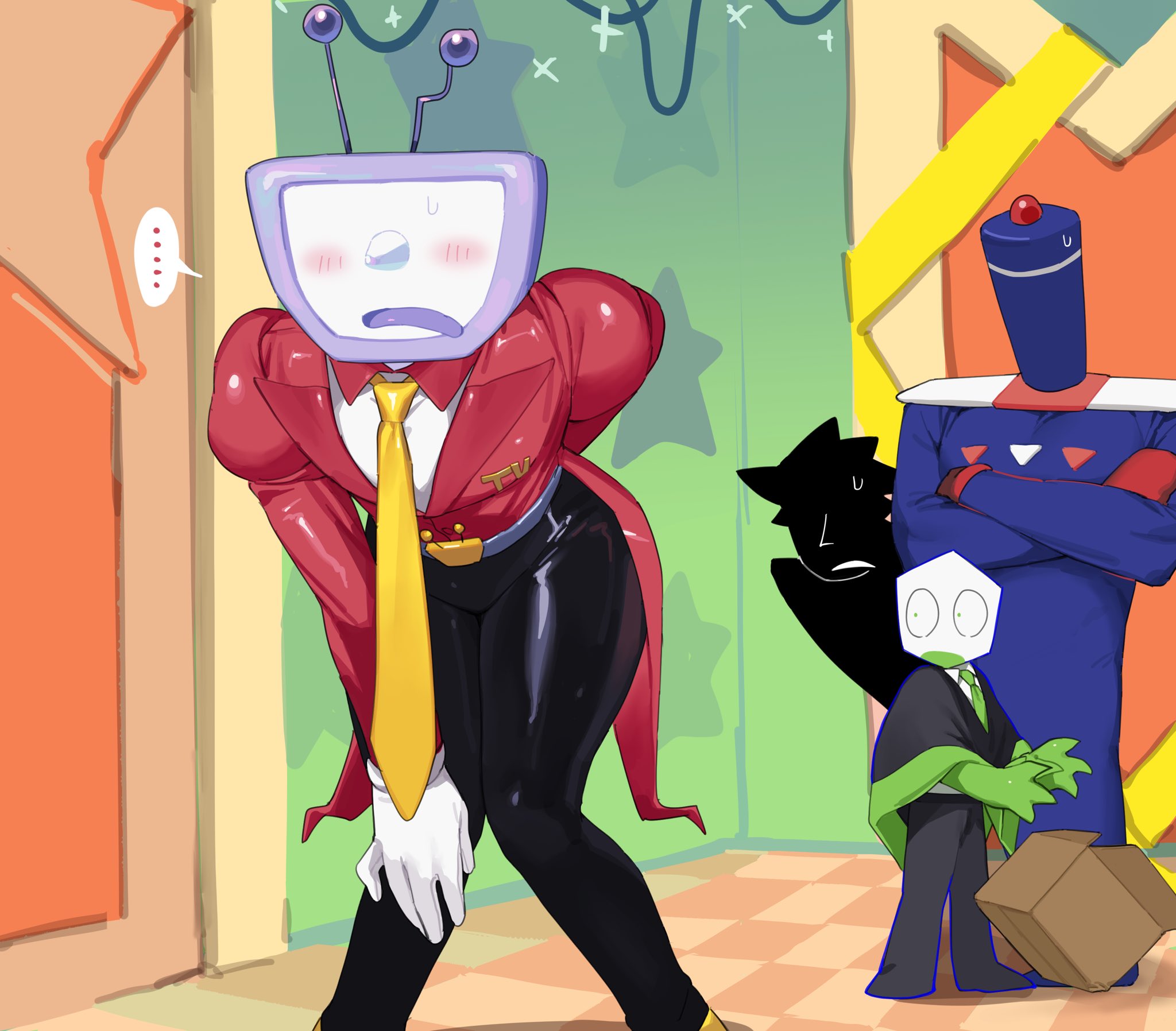 1boy, battat (deltarune), bent over, blush, covering ass, deltarune, embarrassed, gloves, humiliation, jongler (deltarune), object head, pants rip, pippins (deltarune), pluey (deltarune), ponzumeshi, ripped clothing, ripped pants, shadowguy (deltarune), small mike (deltarune), suggestive, suit, suit and tie, sweat, tenna (deltarune), tv head, undertale (series), zapper (deltarune)
