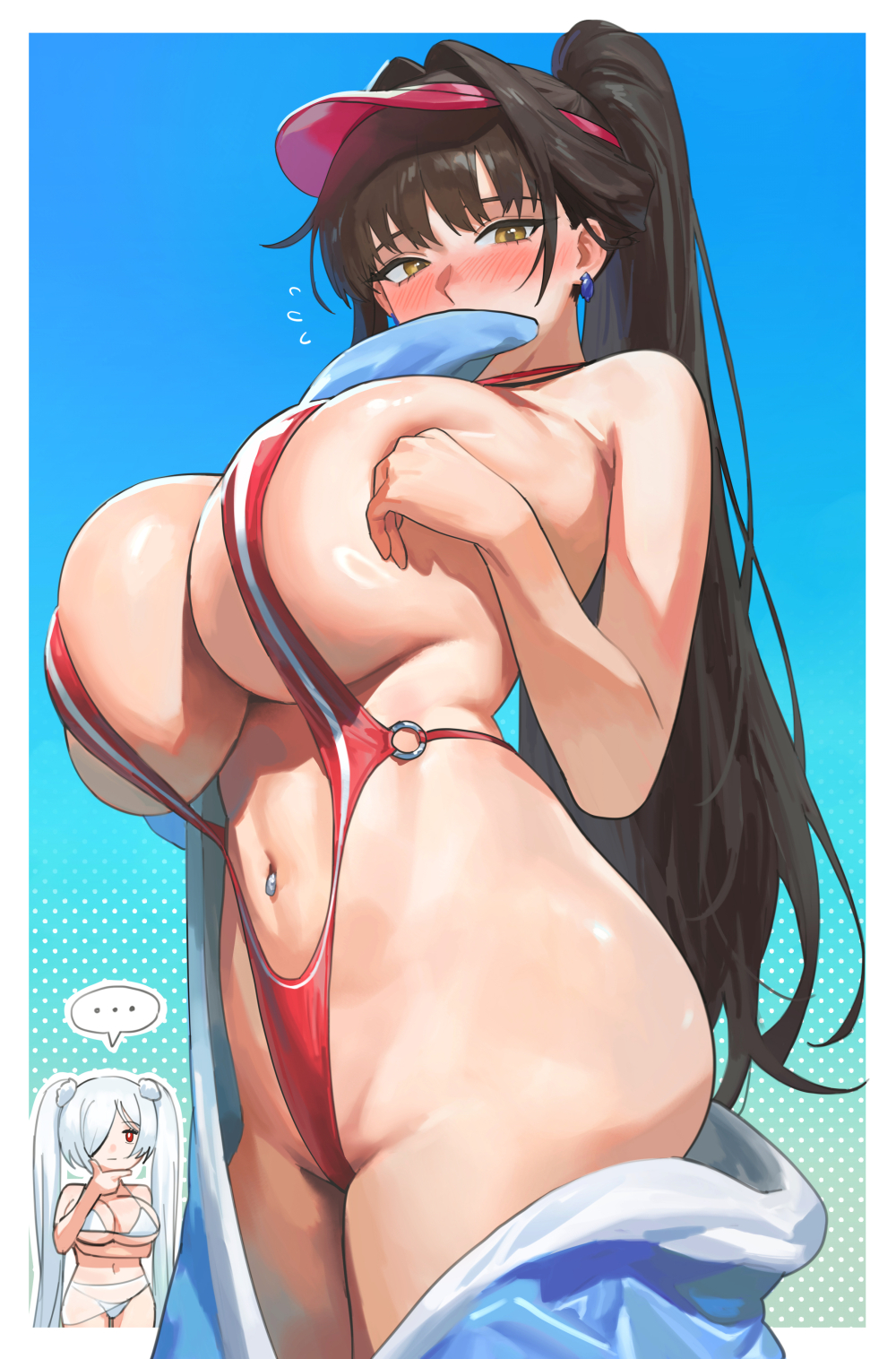 2girls, arm under breasts, bikini, black hair, blue background, blush, breasts, cinderella (crystal wave) (nikke), cinderella (nikke), closed mouth, female, female only, goddess of victory: nikke, highres, long hair, looking at viewer, marciana (marine study) (nikke), marciana (nikke), multiple girls, navel, navel piercing, nhaliz, official alternate costume, piercing, ponytail, red eyes, red slingshot swimsuit, red visor cap, sideboob, slingshot swimsuit, stomach, swimsuit, underboob, white bikini, white hair