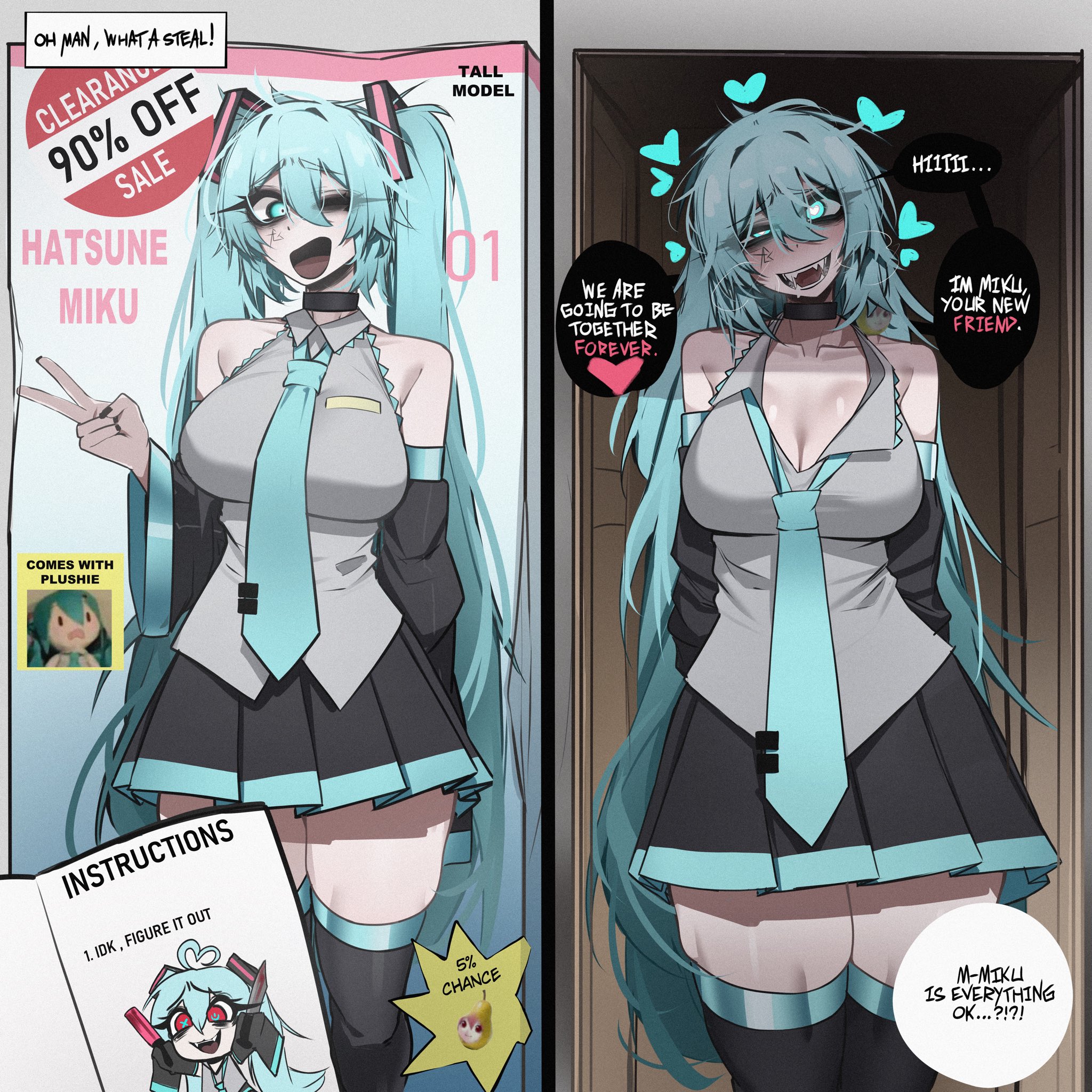 1girls, big breasts, blue eyes, blue hair, choker, cleavage, clothing, detached sleeves, dialogue, discount, english text, female, female focus, female yandere, glitchace, hatsune miku, heart-shaped pupils, hearts around head, long hair, messy, messy hair, package, pearto, sharp teeth, silly, silly face, skirt, stockings, talking to viewer, text, tie, very long hair, vocaloid, yandere