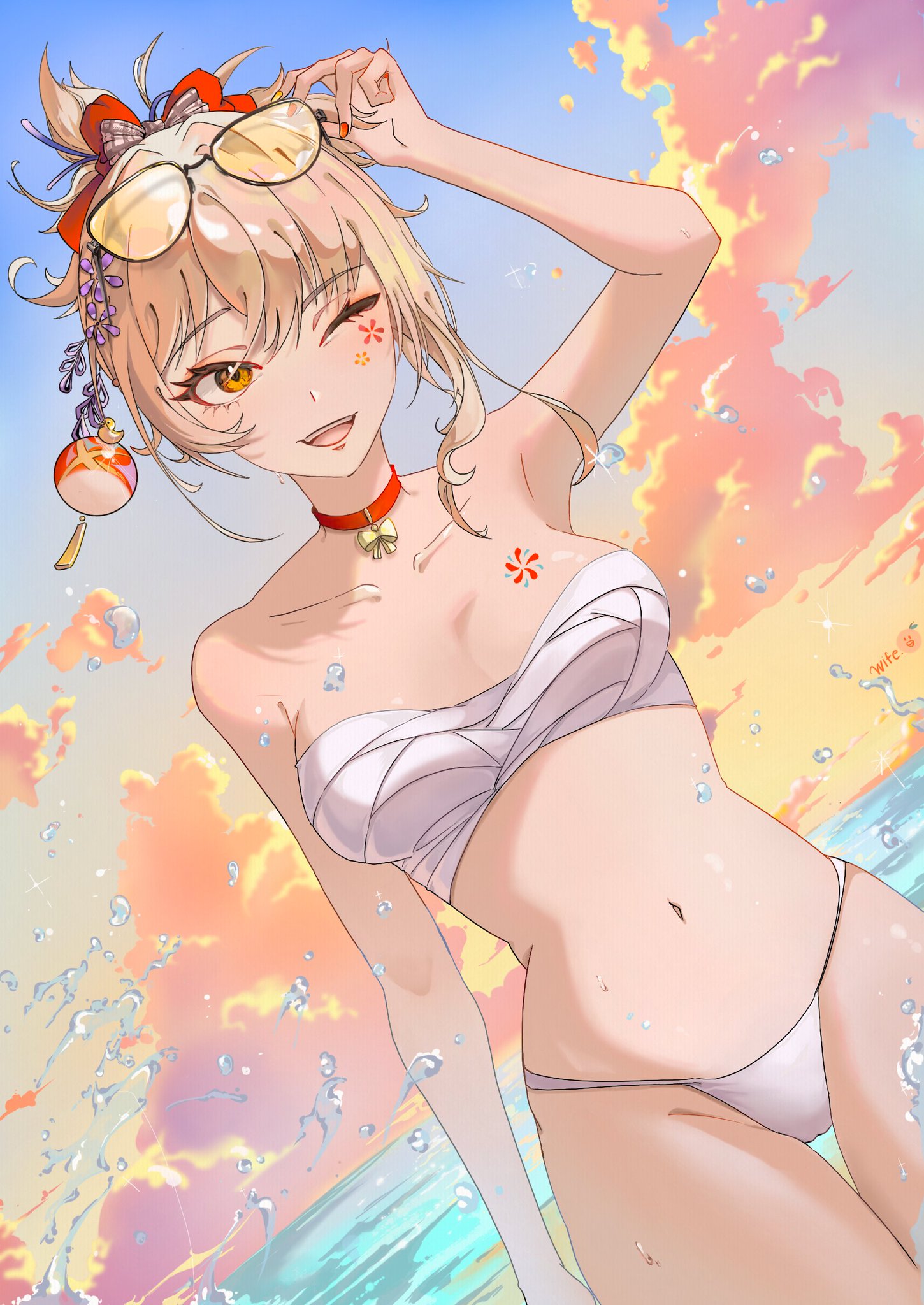1girls, 2d, 2d (artwork), bandaged chest, blonde hair, clouds, female, female focus, female only, front view, genshin impact, hoyoverse, light skin, light-skinned female, mihoyo, mihoyo technology (shanghai) co. ltd., ocean, one eye closed, orange eyes, sky, slim girl, solo, solo female, standing, summer, sunglasses, sunglasses on head, sunset, thong, thong bikini, yoimiya (genshin impact), young, younger female