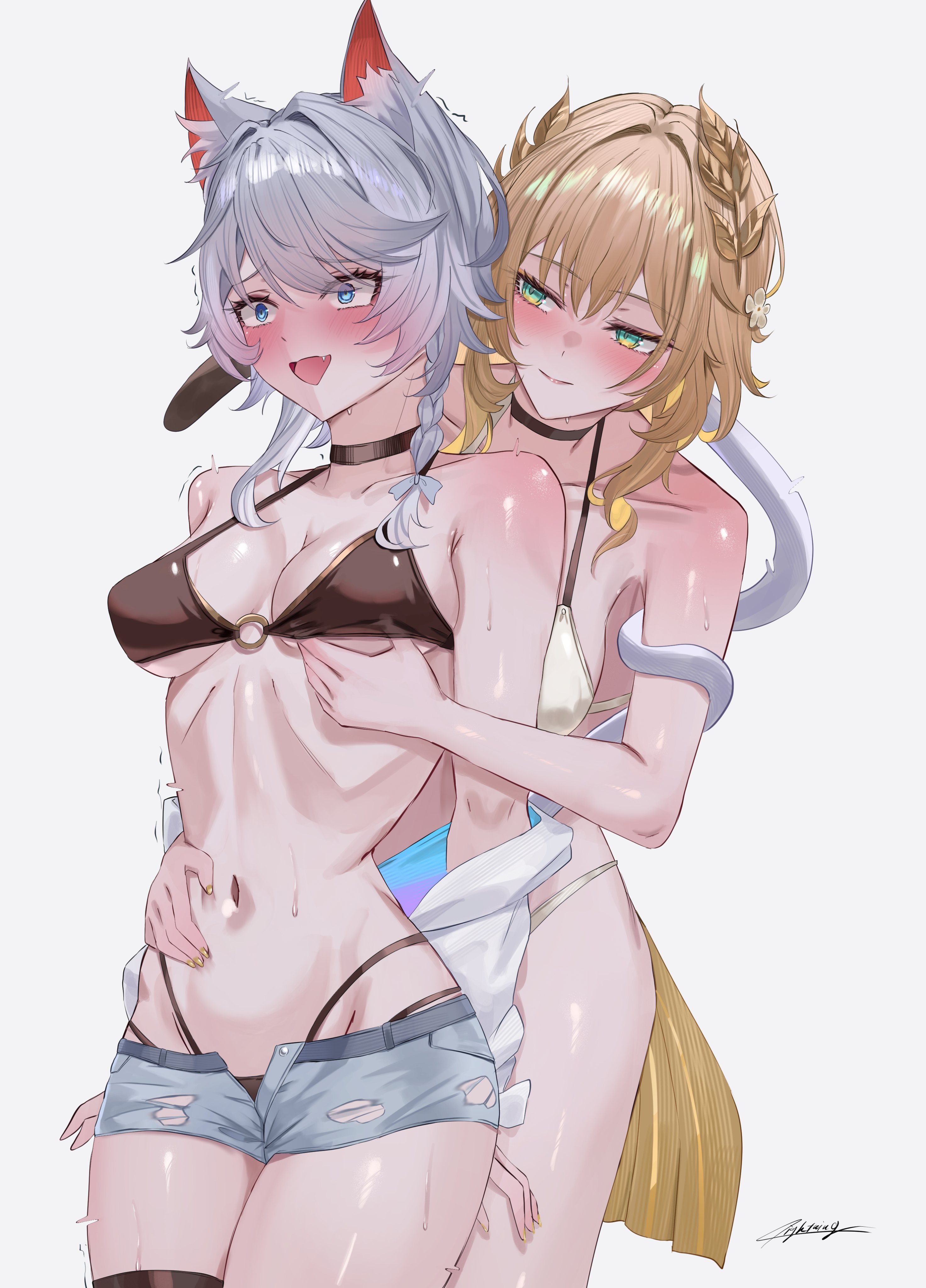 2girls, absurdres, aglaea (honkai: star rail), alternate costume, animal ear fluff, animal ears, bikini, bikini bottom under shorts, bikini under clothes, black bikini, black choker, blonde hair, blue eyes, blush, breasts, cat ears, cat girl, cat tail, choker, cipher (honkai: star rail), closed mouth, commentary, cowboy shot, embarrassed, fang, female, female focus, female only, female torso, front-to-back, grabbing from behind, grey hair, grey shorts, hair intakes, hand on another's chest, hand on another's waist, hand under clothes, highres, hips, hips wider than shoulders, honkai (series), honkai: star rail, hug, hug from behind, imminent sex, laurel crown, looking at another, medium breasts, micro shorts, miya-chan (lightning0730), multi-strapped bikini bottom, multiple girls, navel, nose blush, o-ring, o-ring bikini, o-ring top, open mouth, ribs, short hair, short shorts, shorts, simple background, stomach, sweat, swimsuit, tail, thick thighs, thigh strap, thighs, torn clothes, torn shorts, twitching, white background, white bikini, wide-eyed, yuri