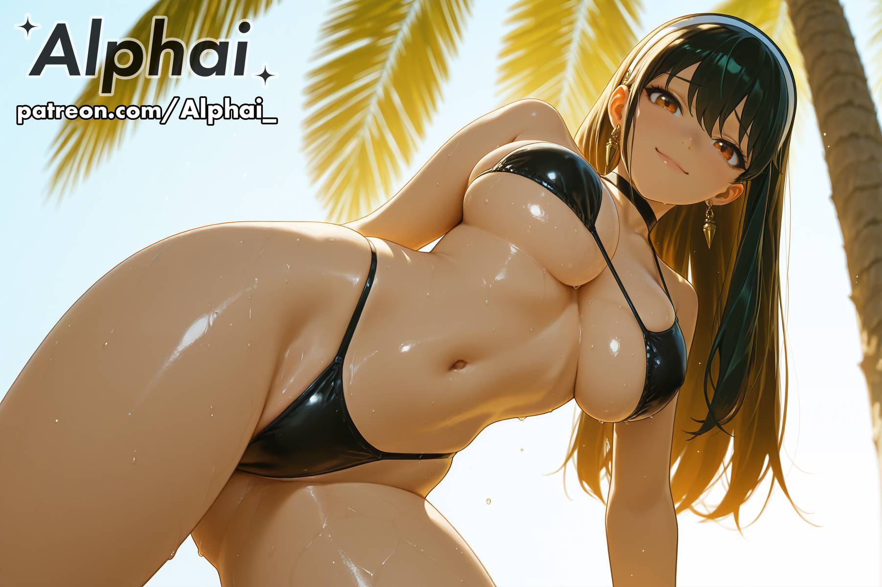 1girl, 2025, 2026, absurd res, absurdres, ai, ai art, ai assisted, ai generated, ai-created, alphai, arm behind back, ass visible through thighs, bangs, bare shoulders, bikini, black bikini, black choker, black hair, blue sky, blushing, breasts, choker, cinematic lighting, closed mouth, clothing, cloud, collarbone, colorful background, day, depth of field, detailed background, detailed hair, detailed skin, dramatic shadows, earrings, female focus, female only, from below, gold earrings, hair down, hairband, high quality, high resolution, highleg, highleg bikini, highres, jewelry, long hair, looking at viewer, medium breasts, naughty face, navel, outdoors, palm tree, particles, patreon, patreon link, patreon url, patreon username, raised eyebrows, red eyes, seductive pose, sidelocks, skindentation, sky, solo, spy x family, stomach, straight hair, sun, swimwear, thighs, tree, underboob, volumetric lighting, wet, yor briar, yor forger