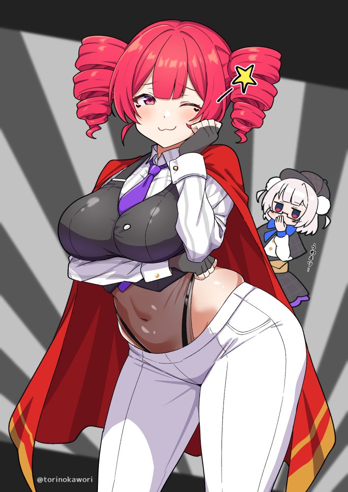 :3, 2girls, artist name, blush, breasts, cape, closed mouth, clothed, covered navel, cowboy shot, dot nose, drill hair, fingerless gloves, gloves, grey background, hair between eyes, hat, jitome, kasane teto, large breasts, long hair, long sleeves, looking at viewer, multiple girls, mv character, necktie, one eye closed, pants, pocket, purple necktie, red cape, red eyes, red hair, teto the 31st, thick thighs, thighs, torinokawori, translation request, twin drills, twitter username, ui (voisona), utau, voisona, white pants, wing collar