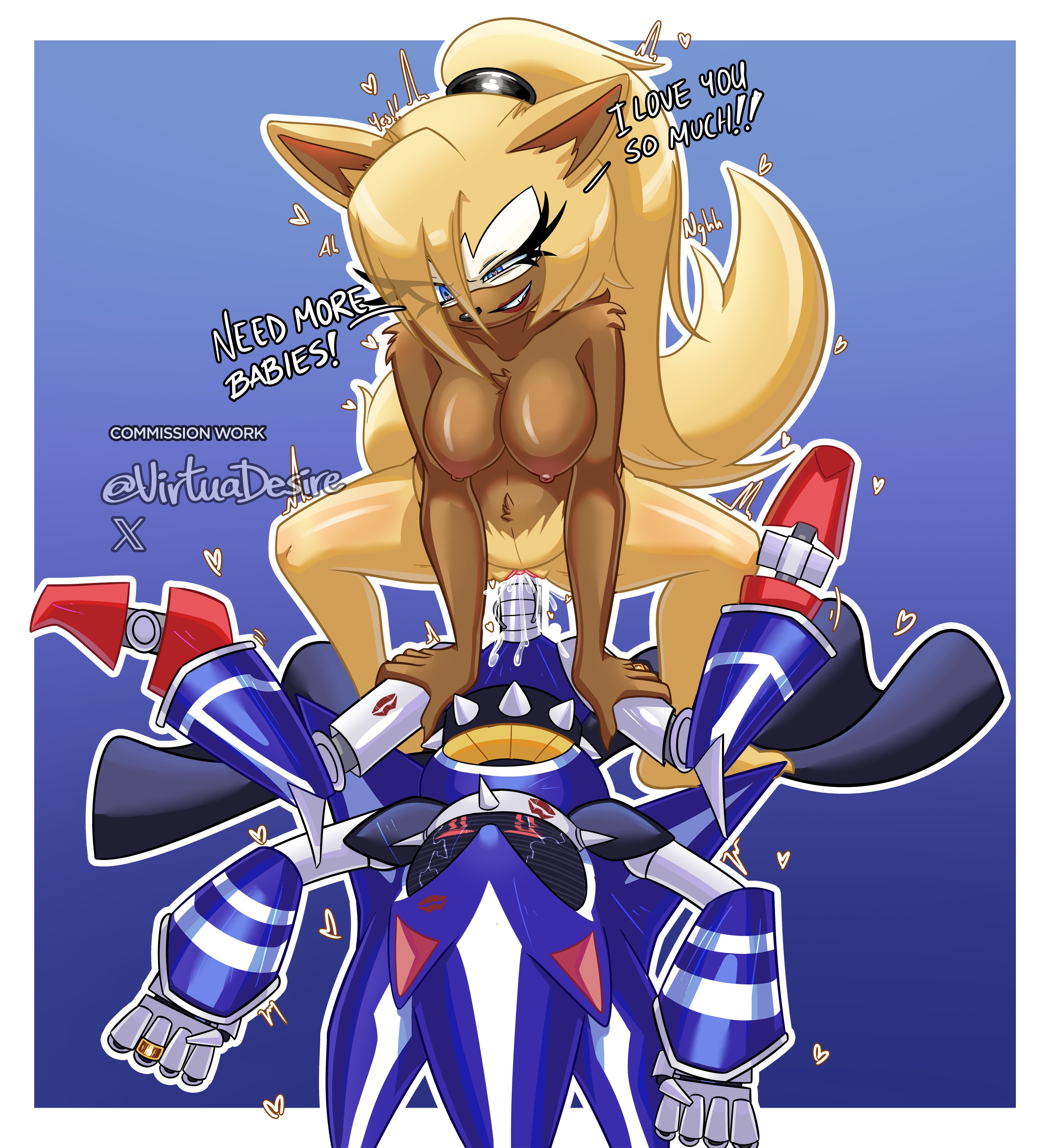 1boy, 1girls, 2026, 2d, amazon position, amazonian mating press, anthro, anthro female, big breasts, blonde female, blonde hair, breasts, brown fur, commission, completely nude, completely nude female, crazy eyes, creampie, cum, cum in pussy, cum inside, defeated, defeated male, defeated villain, dialogue, english, english dialogue, english text, female, female on top, femdom, heart-shaped pupils, hearts in eyes, hi res, idw comics, idw publishing, impregnation request, lipstick, lipstick mark, lipstick mark on face, lipstick mark on leg, long hair, long hair female, male, male/female, malesub, metal sonic, neo metal sonic, nipples, nude, nude female, outfucked male, penis, ponytail, robot, robot boy, robot male, robot penis, sega, sex, simple background, smirk, smirking, smirking at partner, sonic (series), sonic the hedgehog (idw), sonic the hedgehog (series), straight, tan fur, text, twitter username, two-tone fur, vaginal, vaginal creampie, vaginal sex, victorious female, victorious heroine, villain, virtuadesire, whisper the wolf, wolf ears, wolf girl, wolf tail