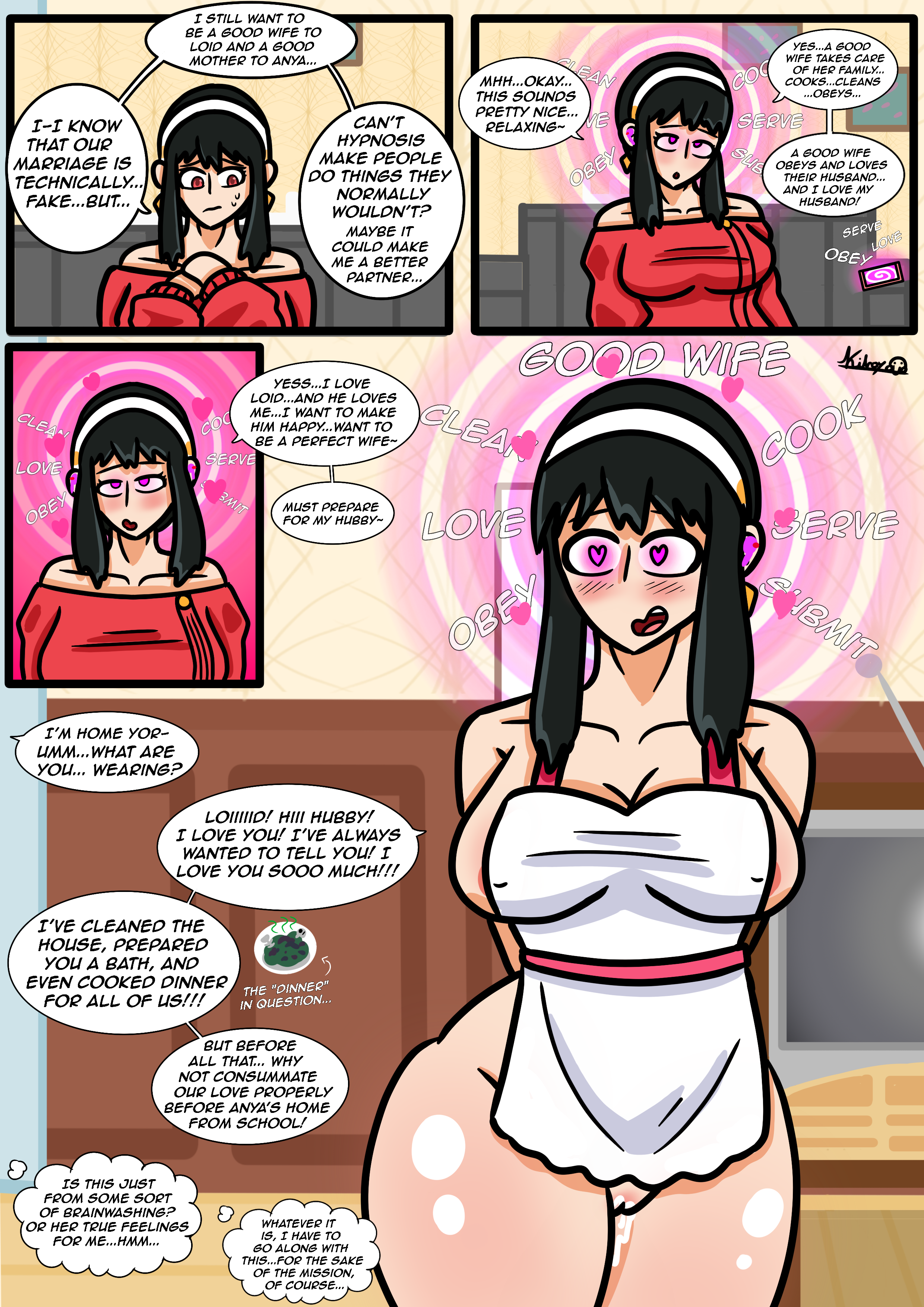 apron, apron only, black hair, bottomless, comic, consensual, dialogue, earpiece, erect nipples, erect nipples under clothes, femsub, happy trance, heart, heart eyes, heart-shaped pupils, hearts around head, hypnosis, hypnotized, kilroylucy18, large breasts, loid forger, love, milf, naked apron, pussy, pussy juice, pussy juice drip, self hypnosis, spy x family, stepfordization, symbol in eyes, text, wholesome, wide hips, yor briar