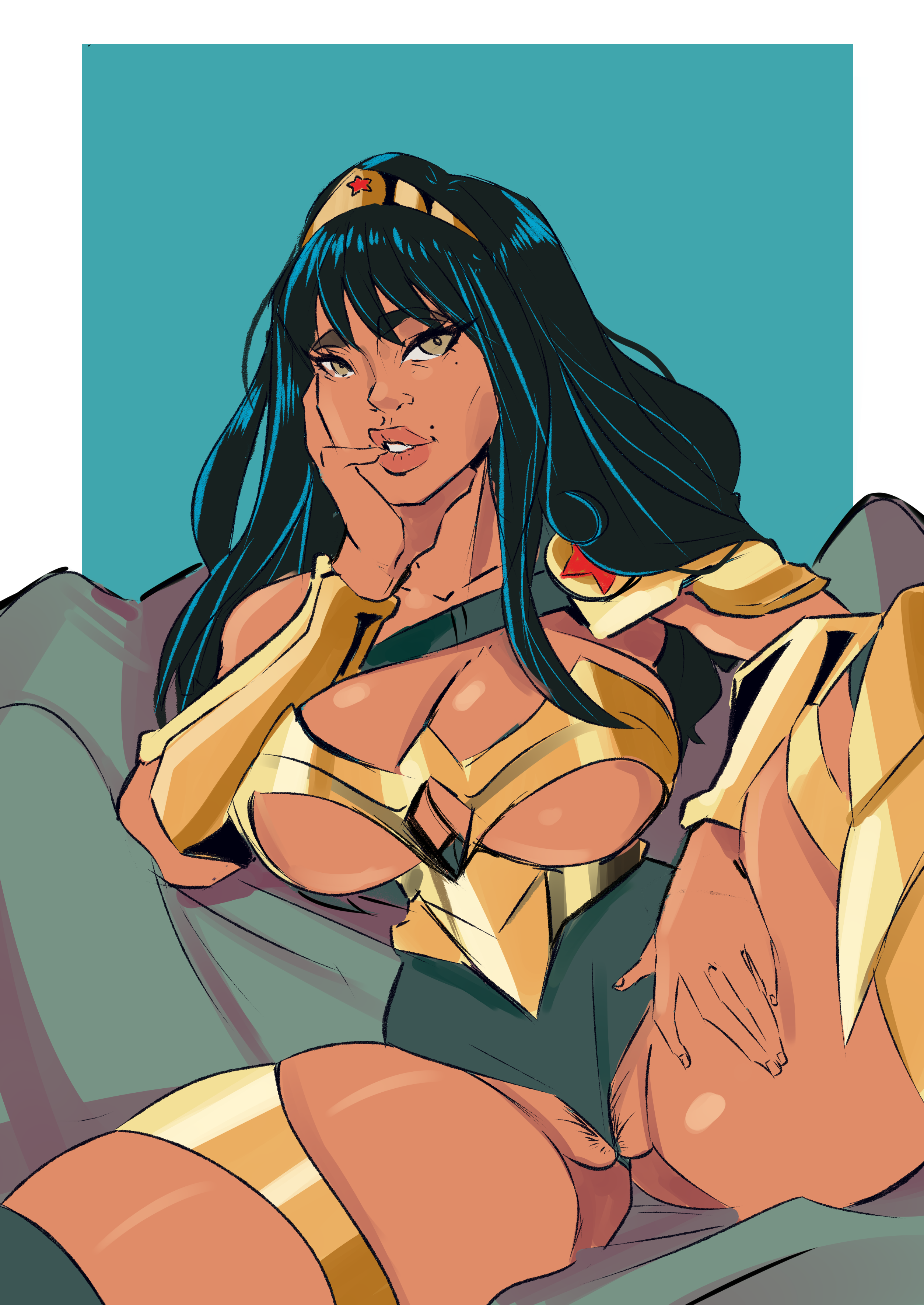 1girls, armor, big breasts, black hair, brazilian, brazilian female, breasts, cleavage, cowboy shot, dark skin, dark-skinned female, dc, dc comics, female, female pubic hair, green eyes, huge breasts, large breasts, latina, long hair, looking at viewer, mole above mouth, olive skin, partially visible vulva, pinup, pubic hair, pussy, sitting, spread legs, thesquiddycipher, thick thighs, toned, wide hips, wonder woman, wonder woman (series), yara flor