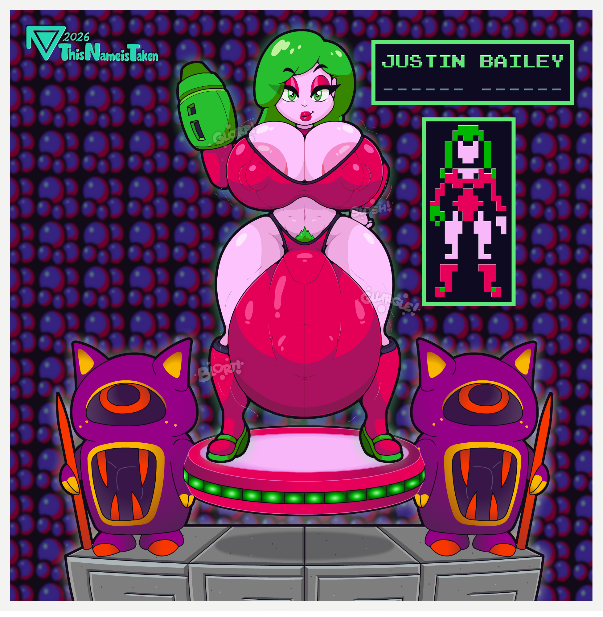 balls, balls bigger than head, balls sound effects, big balls, big breasts, big bulge, big penis, bikini, boots, breasts, breasts bigger than head, bulge, flaccid, futa only, futanari, green eyes, green hair, gurgle, half-closed eyes, high heel boots, huge balls, huge breasts, huge bulge, huge cock, human, hyper, hyper balls, hyper breasts, hyper bulge, hyper penis, justin bailey, lipstick, motion lines, nintendo, nipple bulge, nipples, nipples visible through clothing, onomatopoeia, penis, pink body, pink skin, pubic hair, samus aran, slosh, sloshing breasts, solo, solo futa, thick lips, thick thighs, thisnameistaken, tight clothing, wide hips