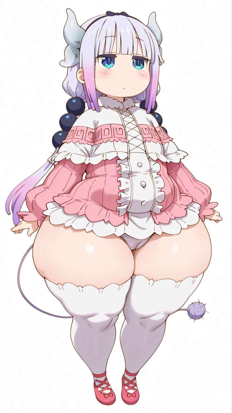 ai generated, bangs, blue eyes, bottom heavy, bottom heavy female, camel toe, cameltoe, child bearing hips, clothed, clothed female, clothes, clothing, dragon, dragon girl, dragon horns, dragon maid, dress, fat thighs, female, female focus, female only, flat chest, flat chested, footwear, frilly dress, girl, girl focus, girl only, girl solo, hair accessories, hair accessory, hair ornament, hairband, horned female, horns, huge thighs, kanna kamui, kobayashi-san chi no maidragon, large thighs, lavender hair, light skin, light-skinned female, long hair, long sleeves, miss kobayashi's dragon maid, panties, panties visible, plain background, shoes, simple background, small breasts, solo, solo female, solo focus, stockings, tagme, tail, thick thighs, thighhighs, visible panties, visible underwear, white background, wide hips, young, young female, young girl