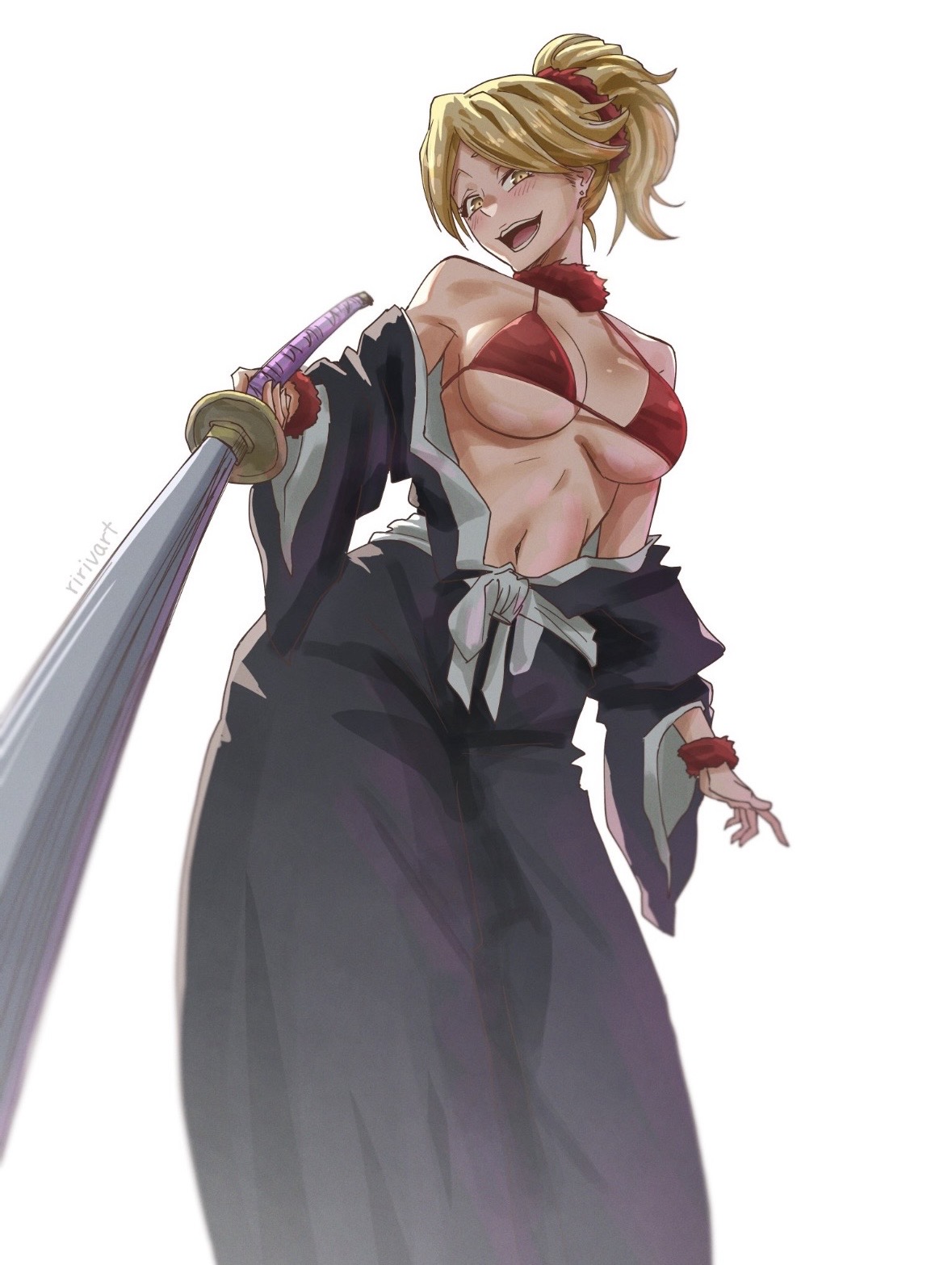 1girls, big breasts, bikini, bikini top, bleach, boobs, exposed breasts, japanese clothes, naru jurinna, shihakusho, smile, smiling, solo