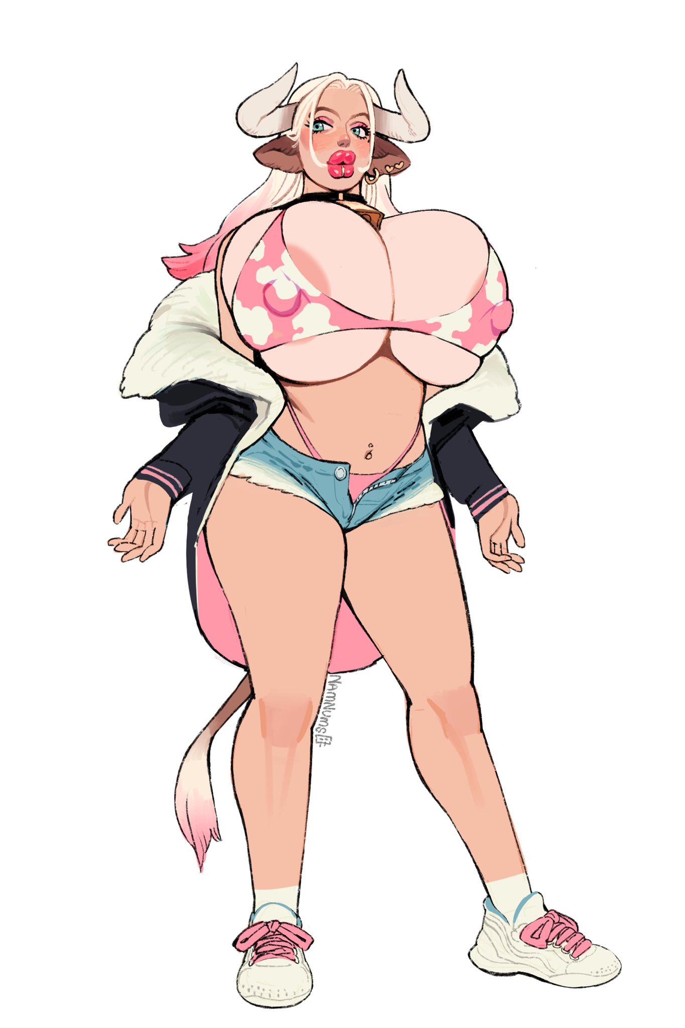 areola slip, areolae, bella (cowprintbimbo), bikini, bimbo, bimbo body, bimbo lips, blonde hair, blue eyes, bovine humanoid, breasts, breasts bigger than head, clothed, cow ears, cow girl, cow horns, cow print, cow print bikini, cowkini, full lips, hourglass figure, huge breasts, jacket, jacket off shoulders, lip piercing, lip ring, lips, nipple bulge, ombre hair, pink eyeshadow, pink hair, pink lipstick, puffy lips, short shorts, shorts, stagbeetle, thick thighs, thighs, thin waist, thong, two tone hair, whale tail (clothing), wide hips