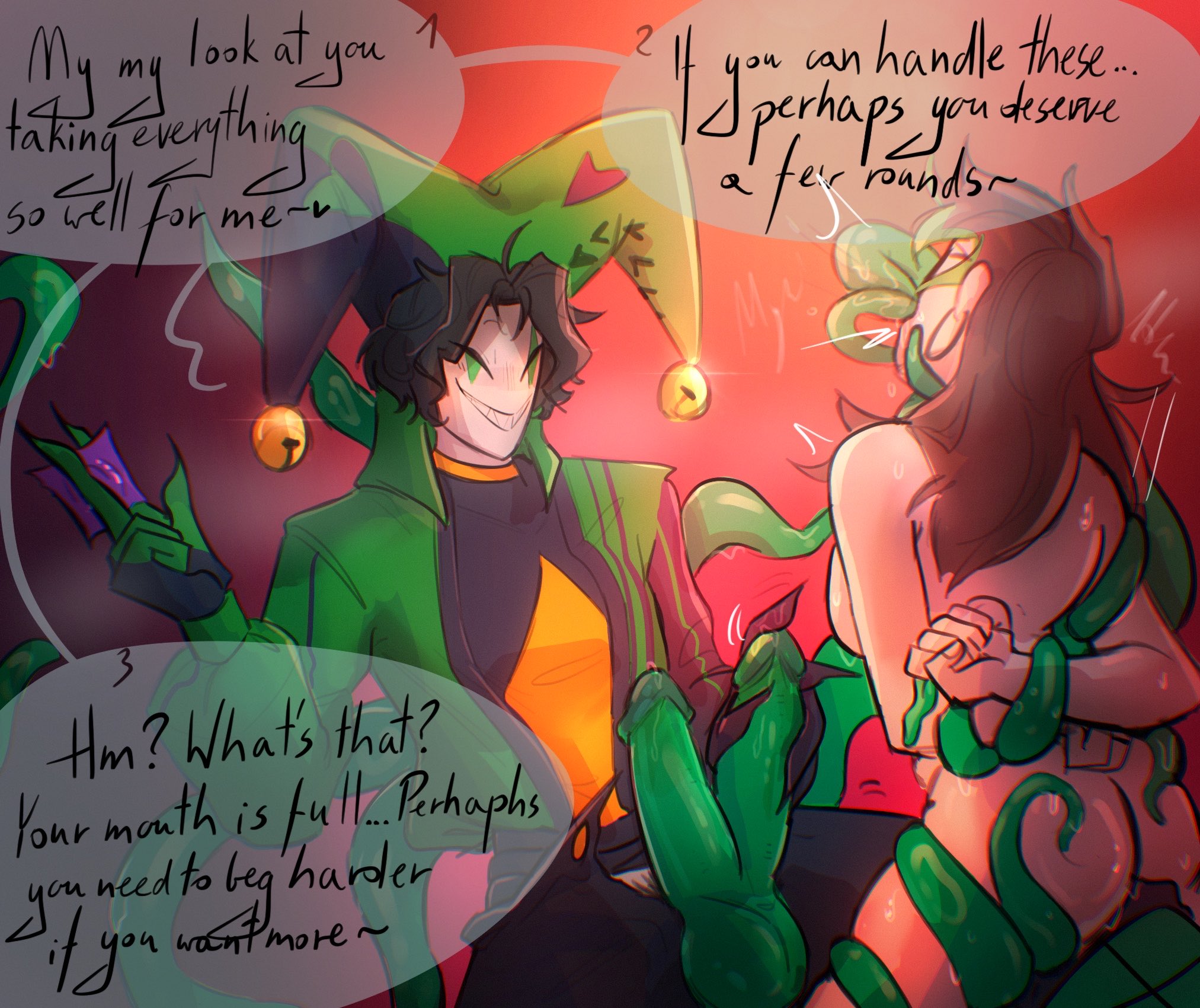 black hair, brown hair, condom between toes, condom wrapper, diphallia, diphallism, dominant, dominant male, dominated, domination, green clothes, green clothing, green eyes, green penis, grin, grinning, grinning at partner, hands on penis, harlequin (the freak circus), height difference, nude female, nude male, purple condom, self upload, smug expression, smug face, smug grin, submission, submissive, submissive female, tentacle, tentacle in mouth, tentacle rape, tentacle sex, tentacles, tentacles everywhere, the freak circus