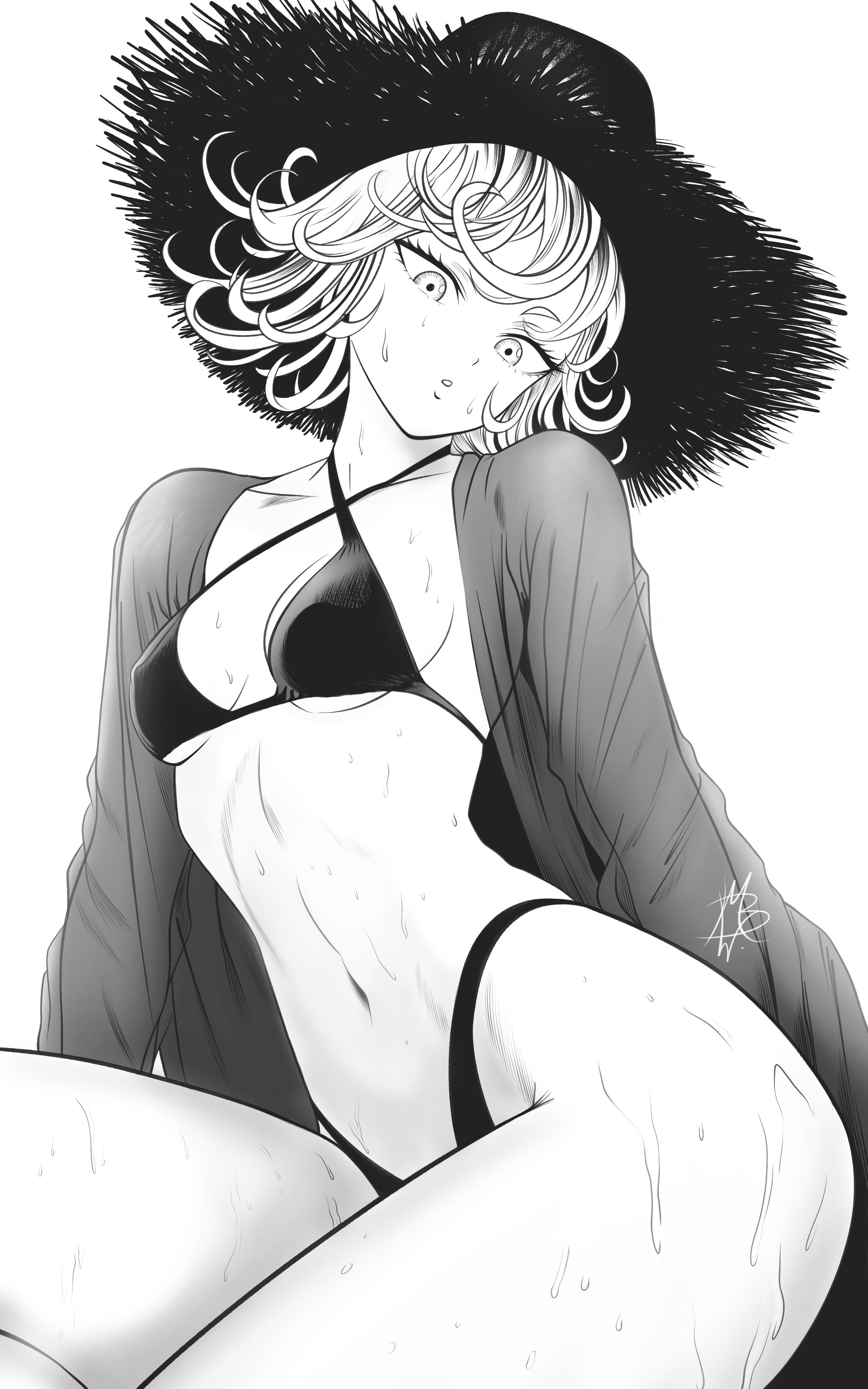 1girls, bikini, breasts, cleavage, female, female only, flat chest, hat, hourglass figure, looking at viewer, monochrome, mostlybluewyatt, one-punch man, petite, short hair, slim waist, small breasts, solo, solo female, sweat, sweatdrop, sweating, sweaty, sweaty body, tatsumaki, thick, thick thighs, thighs