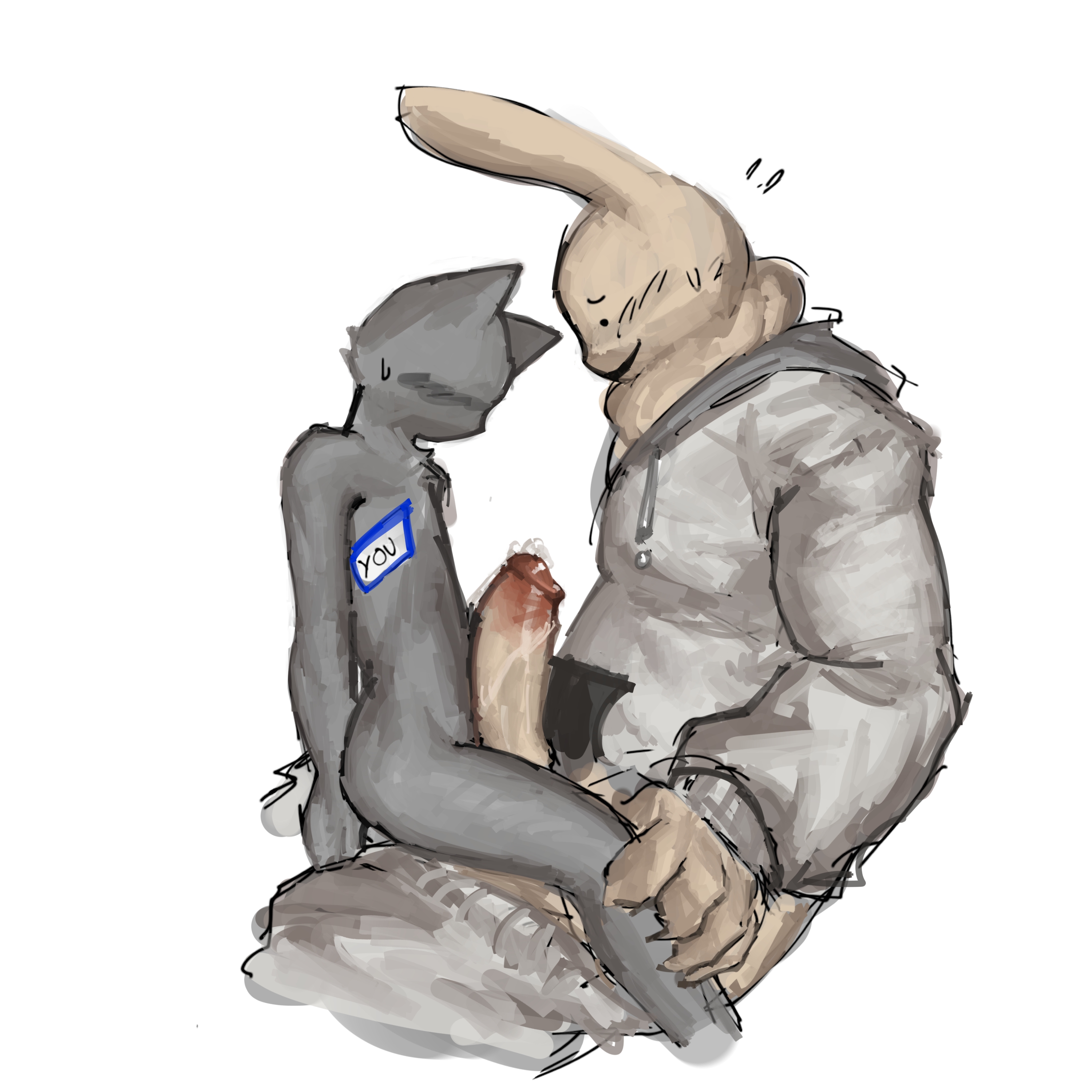 1boy, 1other, animal hospital, anthro, anthro on anthro, anthro/anthro, before sex, big penis, bunny, clothed, erect, erect penis, furry, intern (animal hospital), lornan1hater, male, male/other, penis, penis on stomach, precum, precum on penis, rabbit, rabbit humanoid, roblox, roblox game, self upload, sitting on lap, size difference, smile, tagme, y/n