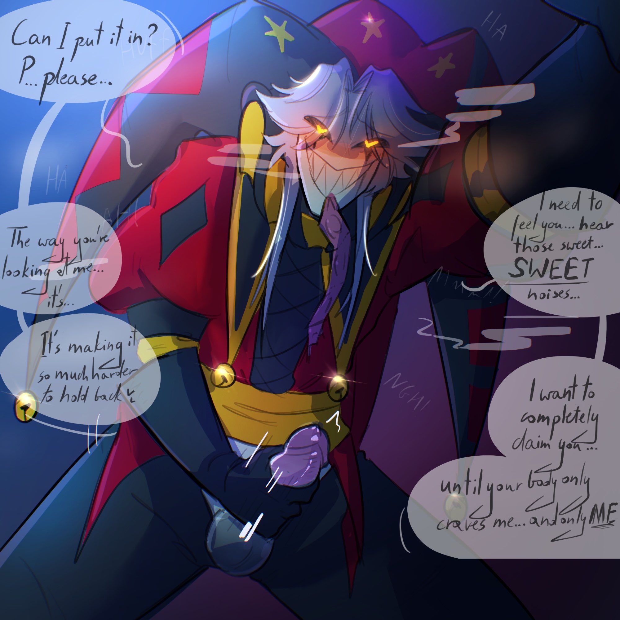 black pants, condom in mouth, condom packet strip, condom wrapper, condoms, gray hair, hand on penis, heart eyes, heart-shaped pupils, looking at viewer, looking back at viewer, looking pleasured, masturbating, masturbation, partially clothed, pierrot (the freak circus), red clothes, red clothing, sharp fangs, sharp teeth, solo, solo focus, solo male, the freak circus, white skin