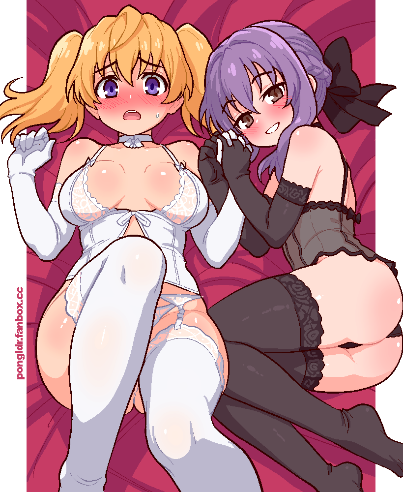 2girls big_breasts blonde_hair blush breasts female female_only hiiragi_shinoa lingerie looking_at_viewer owari_no_seraph pongldr purple_hair sanguu_mitsuba seraph_of_the_end shinoa_hiiragi thigh_highs thighhighs