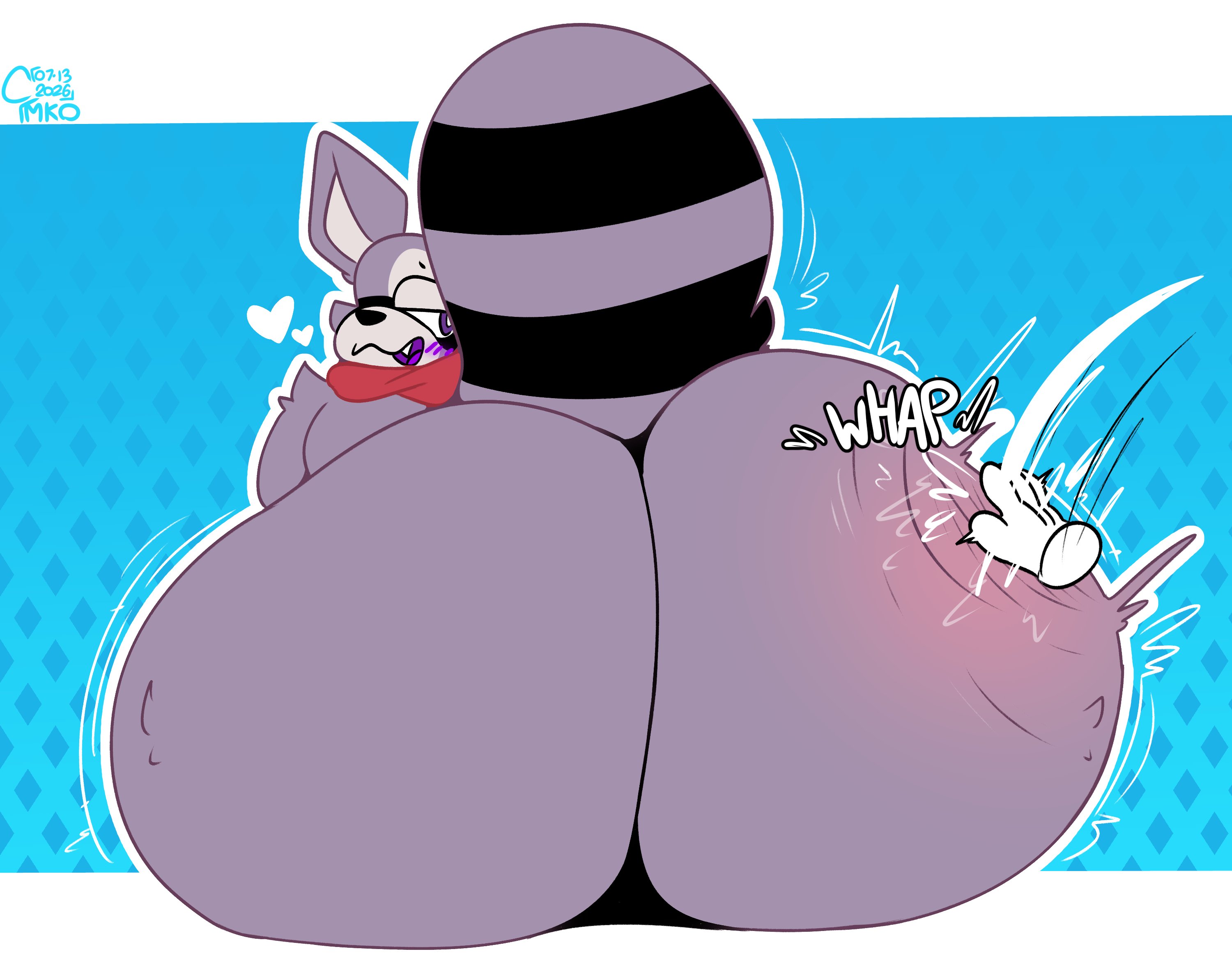 1boy, 2d, ass, ass bigger than head, ass focus, bandana, bandana only, big ass, big butt, big butt (male), big tail, blush, blushing, disembodied hand, fat ass, femboy, femboy focus, femboy only, furry, furry male, girly, heart, huge ass, huge tail, indigo park, male, male only, mammal, mascot horror, motion lines, naked, no genitals, no sex, non-human, nonhuman, nude, onomatopoeia, purple body, raccoon, rambley (indigo park), rambley raccoon, simple background, sitting, solo, solo male, spank, spanking, spanking ass, tail, thick tail, twitter link, wobbling ass, ymkoderg