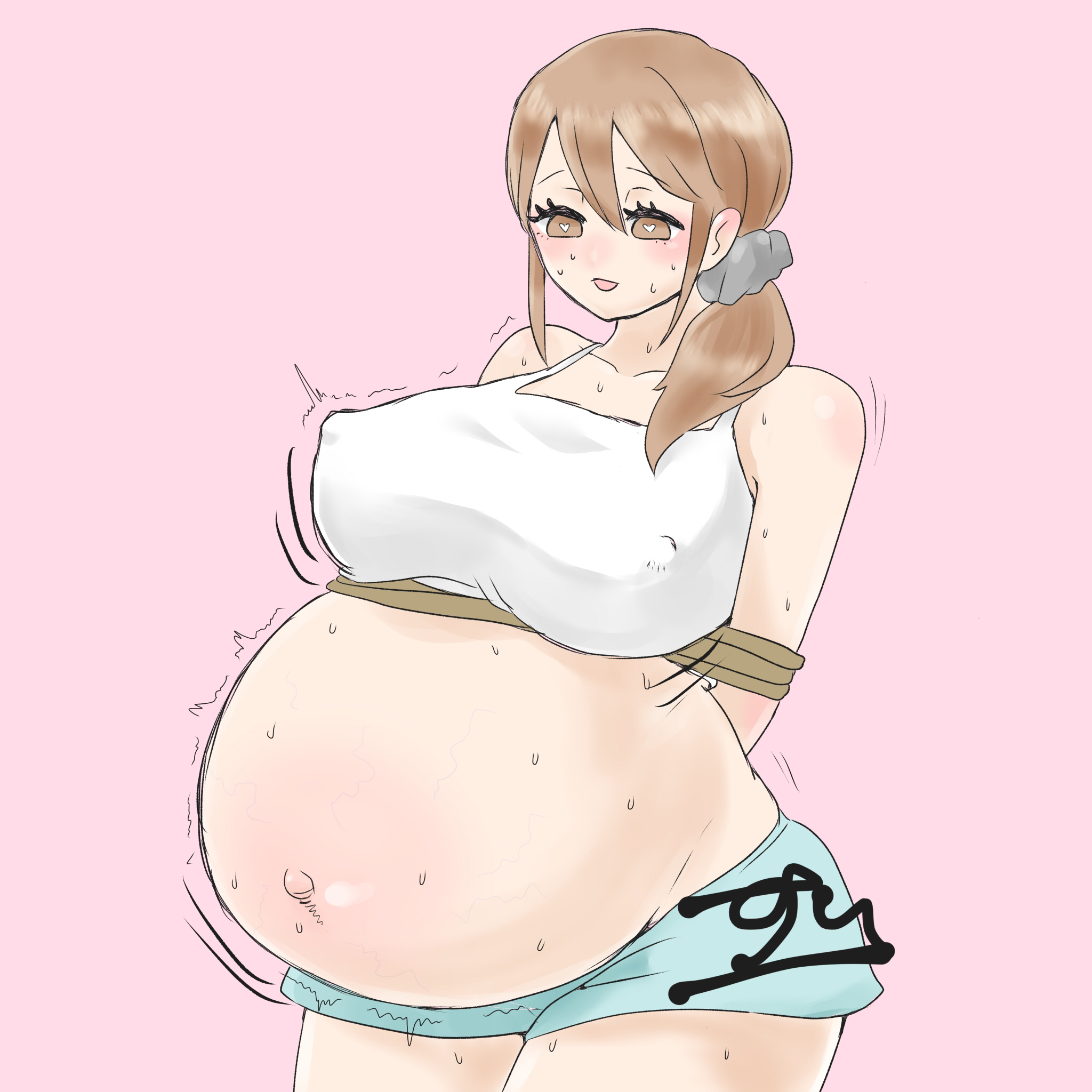 1girls, belly expansion, big belly, big breasts, bloated belly, bondage, breast expansion, brown eyes, brown hair, clothed, clothing, erect nipples, female, female only, heart-shaped pupils, heavily pregnant, navel, nipple erection, outie navel, pregnancy progression, pregnant, rapid pregnancy, rope bondage, sequence, sweat, turned on
