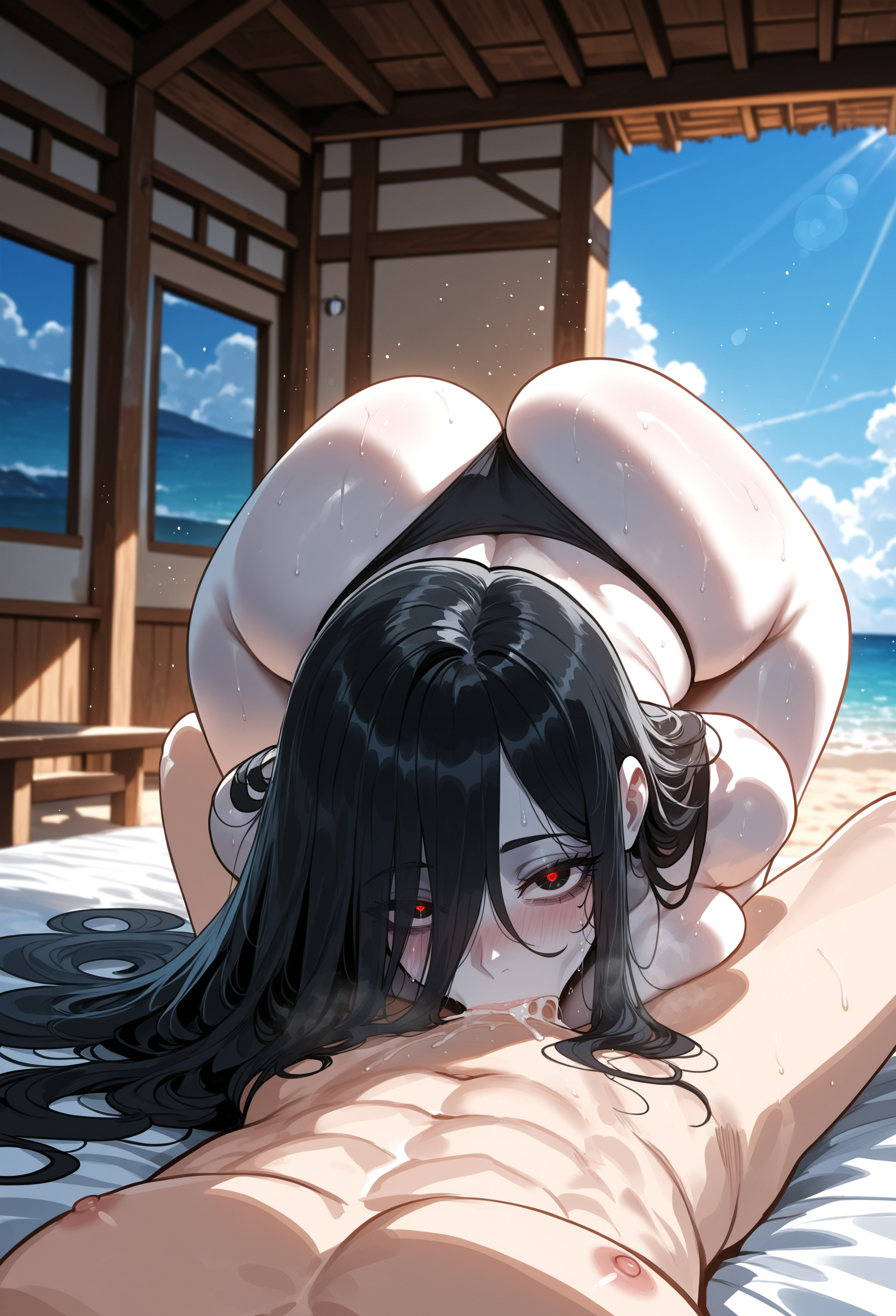 1boy, 1girl, 1girls, ai assisted, ai generated, ass, beach, bikini, bikini bottom, black bikini, black hair, blue sky, breasts, cloud, curvaceous, curvy, curvy female, curvy figure, day, female, indoors, long hair, looking at viewer, male, miyuai, navel, nipples, ocean, oral, outdoors, red eyes, sky, solo, sweat, swimsuit, the ring, thick, thick ass, thick butt, thick hips, thick legs, thick thighs, thighs, top-down bottom-up, voluptuous, voluptuous female, water, wide hips, wide thighs, yamamura sadako