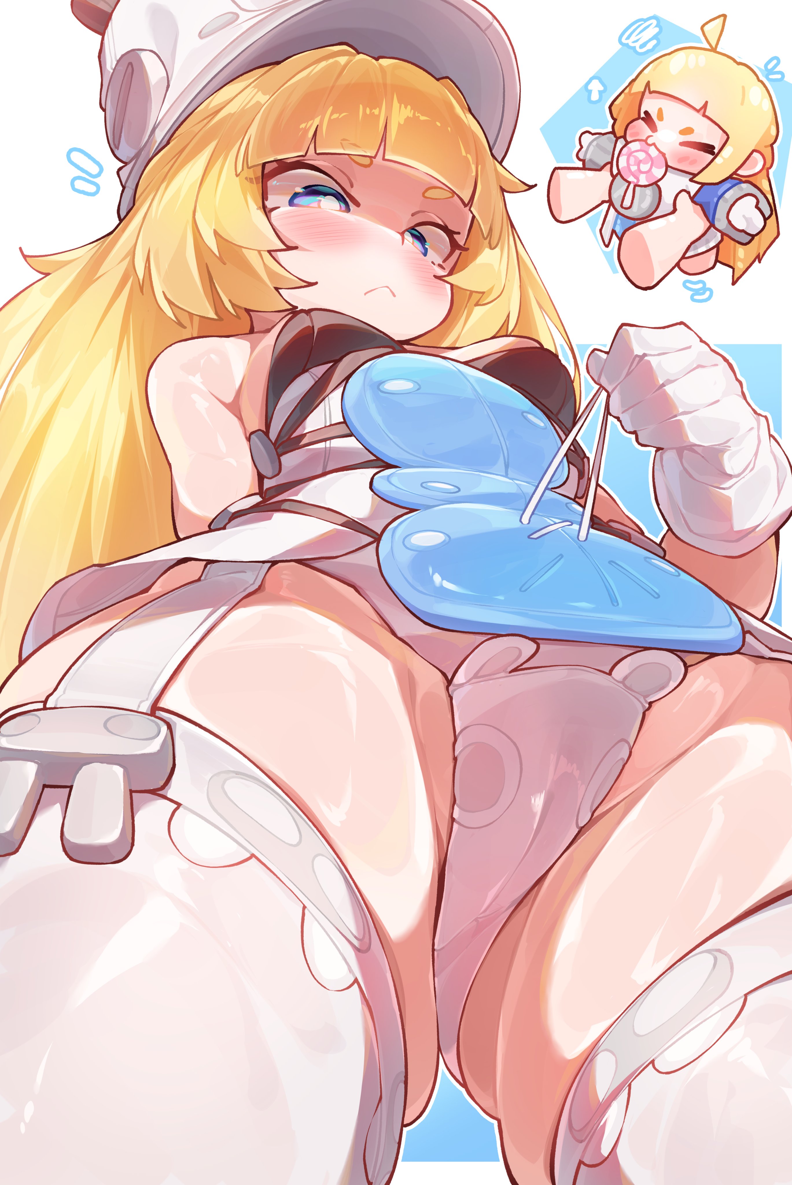 1girl, 1other, absurdres, adult (lore), blonde hair, blue background, blue eyes, blush, breasts, carrying, closed mouth, from below, gloves, grey hat, hat, highres, hoyoverse, long hair, mihoyo, multiple views, norma hollowell, orcavice, sleeveless, small breasts, thick thighs, thighhighs, thighs, two-tone background, white background, white gloves, white thighhighs, zenless zone zero