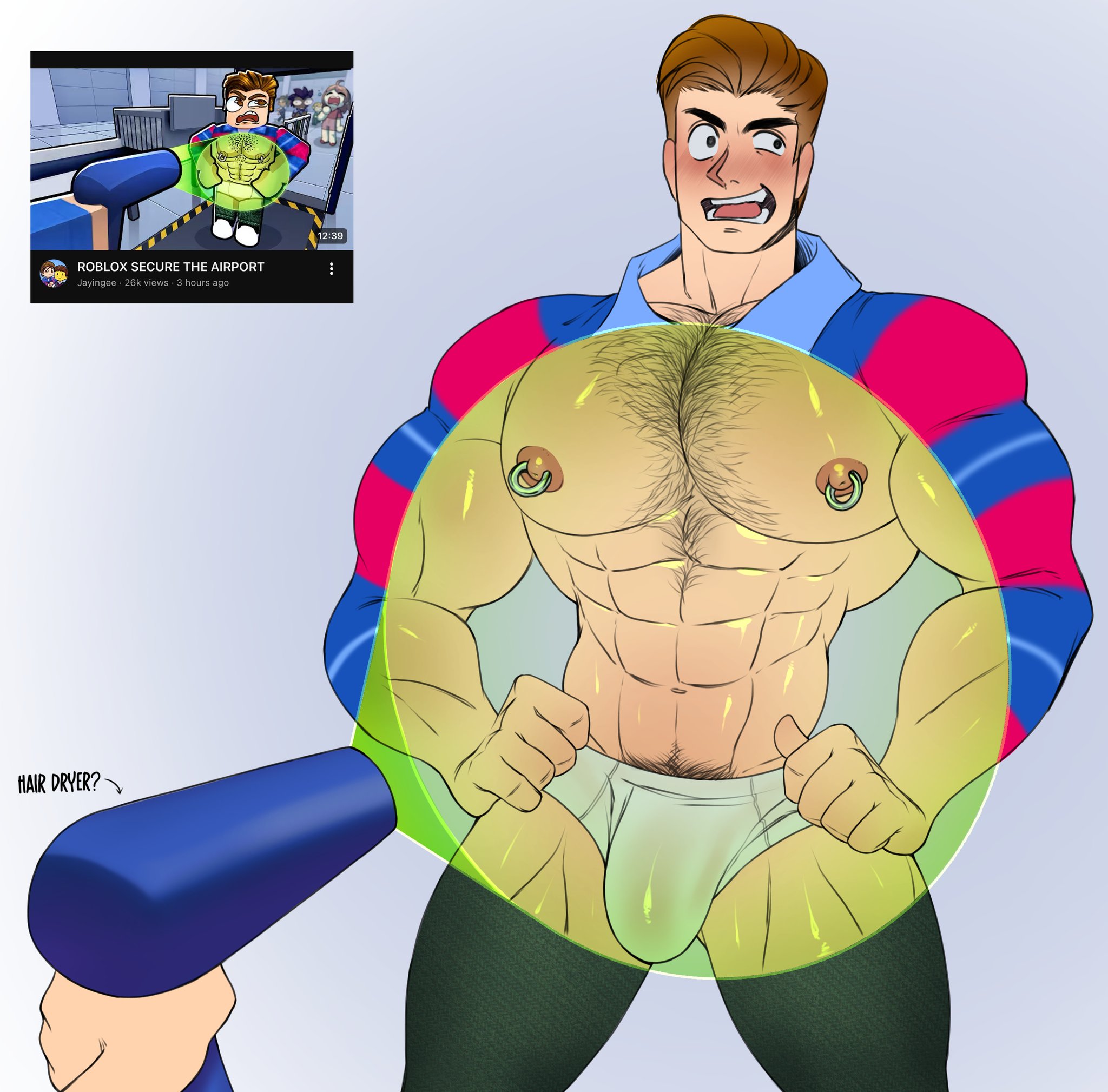 1boy, bara, briefs, bulge, chest hair, gay, hairy, hairy chest, jayingee, jfb16, muscular, muscular male, nipple piercing, piercing, piercing nipples, reference image, roblox, roblox youtuber, robloxian, solo, tagme, x-ray, x-ray view, youtube, youtube thumbnail