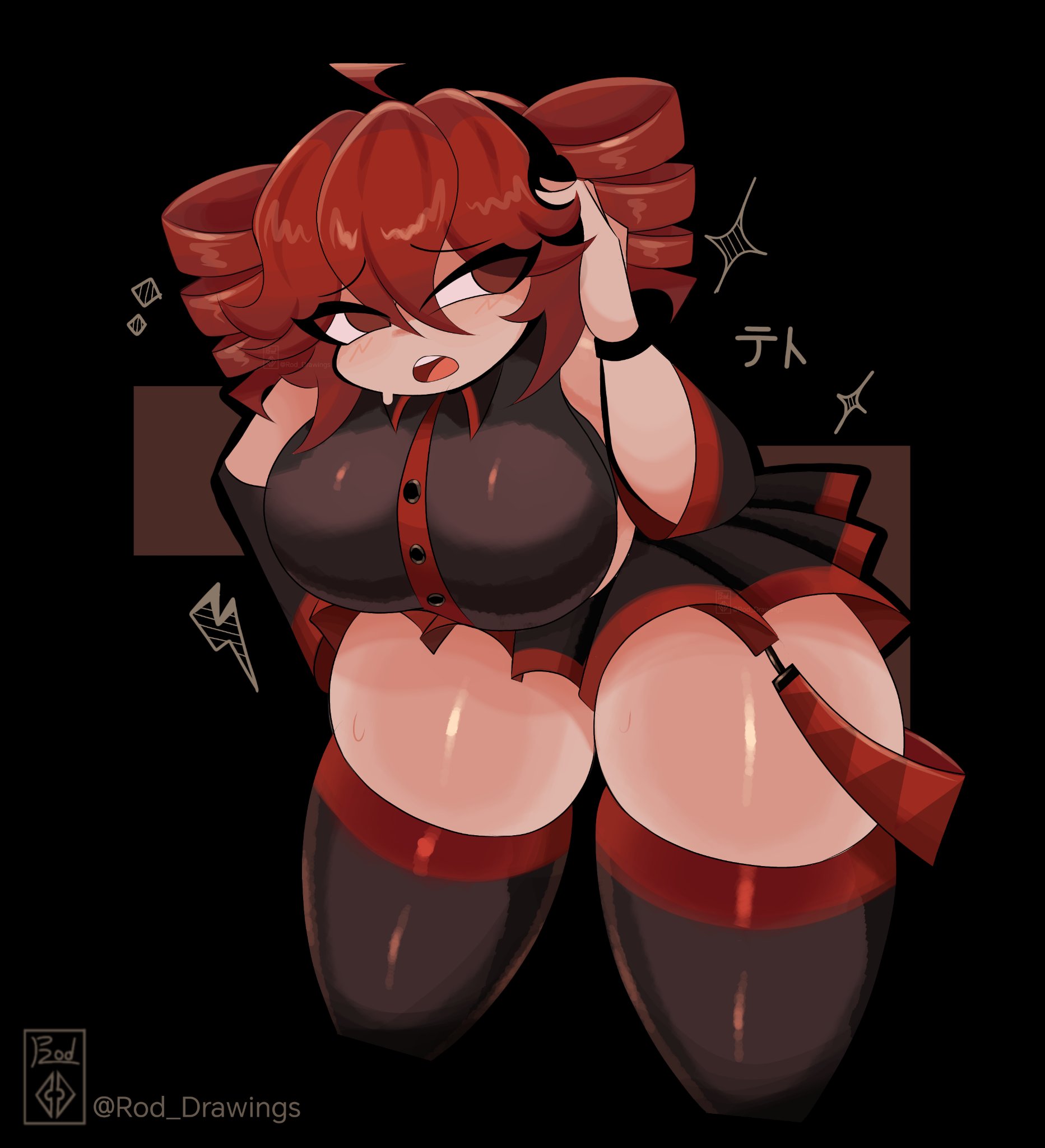 1girls, 2d, 2d (artwork), 2d artwork, armwear, artist name, bending forward, bending over, big boobs, big breasts, big thighs, big tits, big titties, black background, boobs, breasts, brown eyes, button down shirt, buttons, clothed, clothed female, clothes, clothing, curvy, curvy body, curvy female, curvy figure, curvy thighs, detached sleeves, digital drawing (artwork), digital media, digital media (artwork), eyebrows, eyelashes, eyes, eyes open, fat thighs, female, female focus, female only, fingers, fully clothed, girl, huge breasts, huge thighs, human, human female, humanoid, kasane teto, large breasts, large thighs, latex, latex thighhighs, leaning, leaning forward, legwear, light skin, light skin female, light skinned, light-skinned female, looking away, no dialogue, open mouth, plump, plump thighs, red eyes female, red hair, red hair female, sexually suggestive, sexy, sexy body, sexy female, shiny, shiny body, shiny clothes, shiny hair, shiny skin, shiny thighs, simple background, skindentation, skirt, soft thighs, stocking, stockings, sweating, text, the rod26, thick thighs, thigh highs, thighhighs, thighs, thighs bigger than head, thighs bigger than torso, thighs focus, tits, vocaloid, voluptuous, voluptuous female, watermark, wide hips, wide thighs
