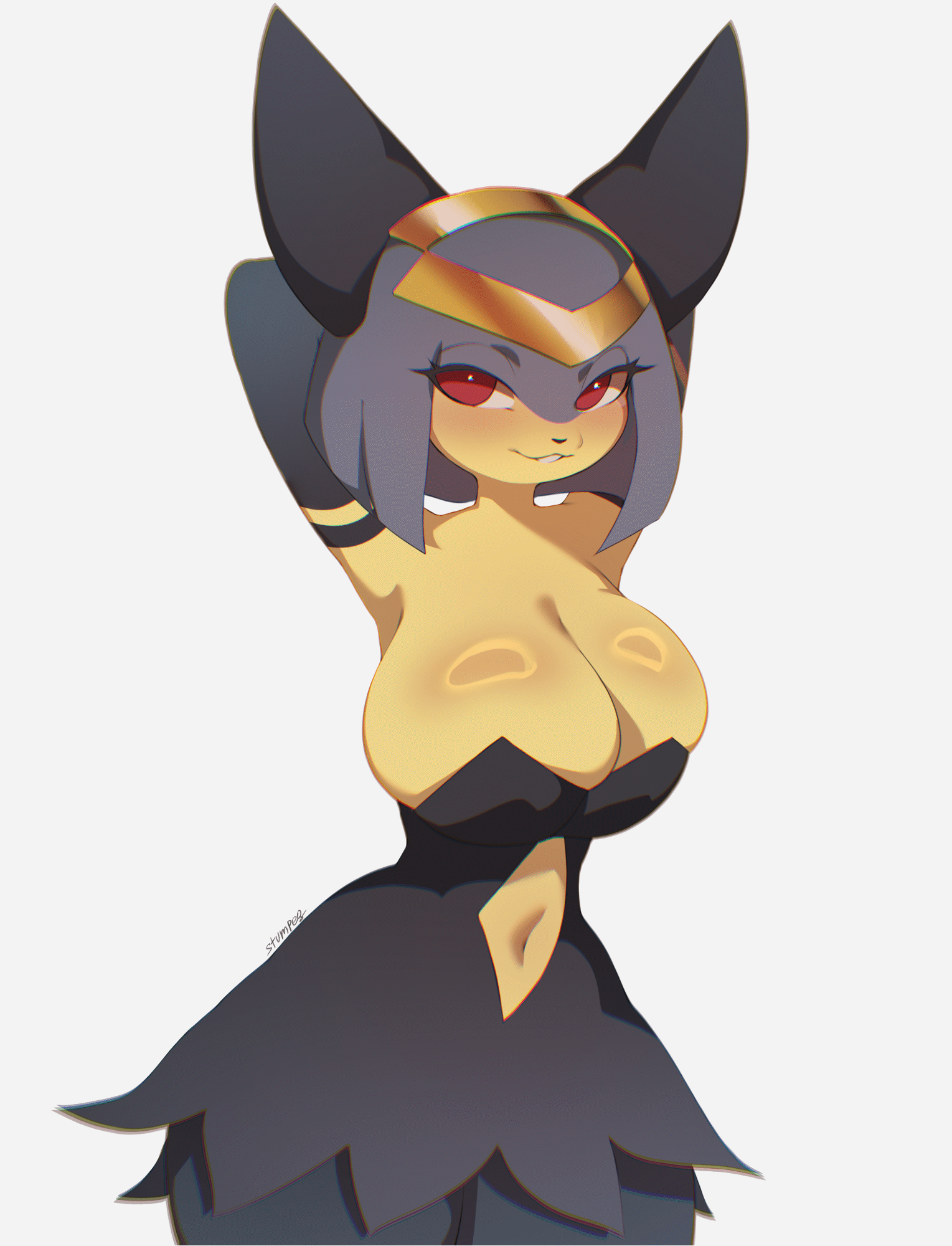 animated animated_gif anthro ass belly big_breasts blue_body blue_fur bouncing_breasts breasts dress egyptian female furry gif hi_res pal_(species) palworld pocketpair sekhmet_(pal) stumpeg thick_thighs wide_hips yellow_fur