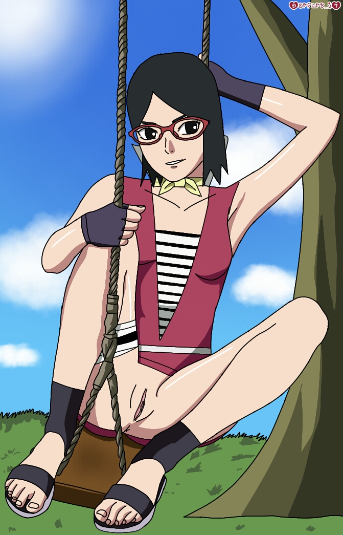 1girls, alternate costume, arm up, black eyes, black hair, boruto: naruto next generations, breasts, clothing, darkuro 27, feet, female, female only, fingerless gloves, glasses, gloves, holding object, naruto, naruto (series), no panties, open toe shoes, outdoors, pussy, sandals, sarada uchiha, sitting, sleeveless, sleeveless shirt, smile, solo, swing, toes, vagina