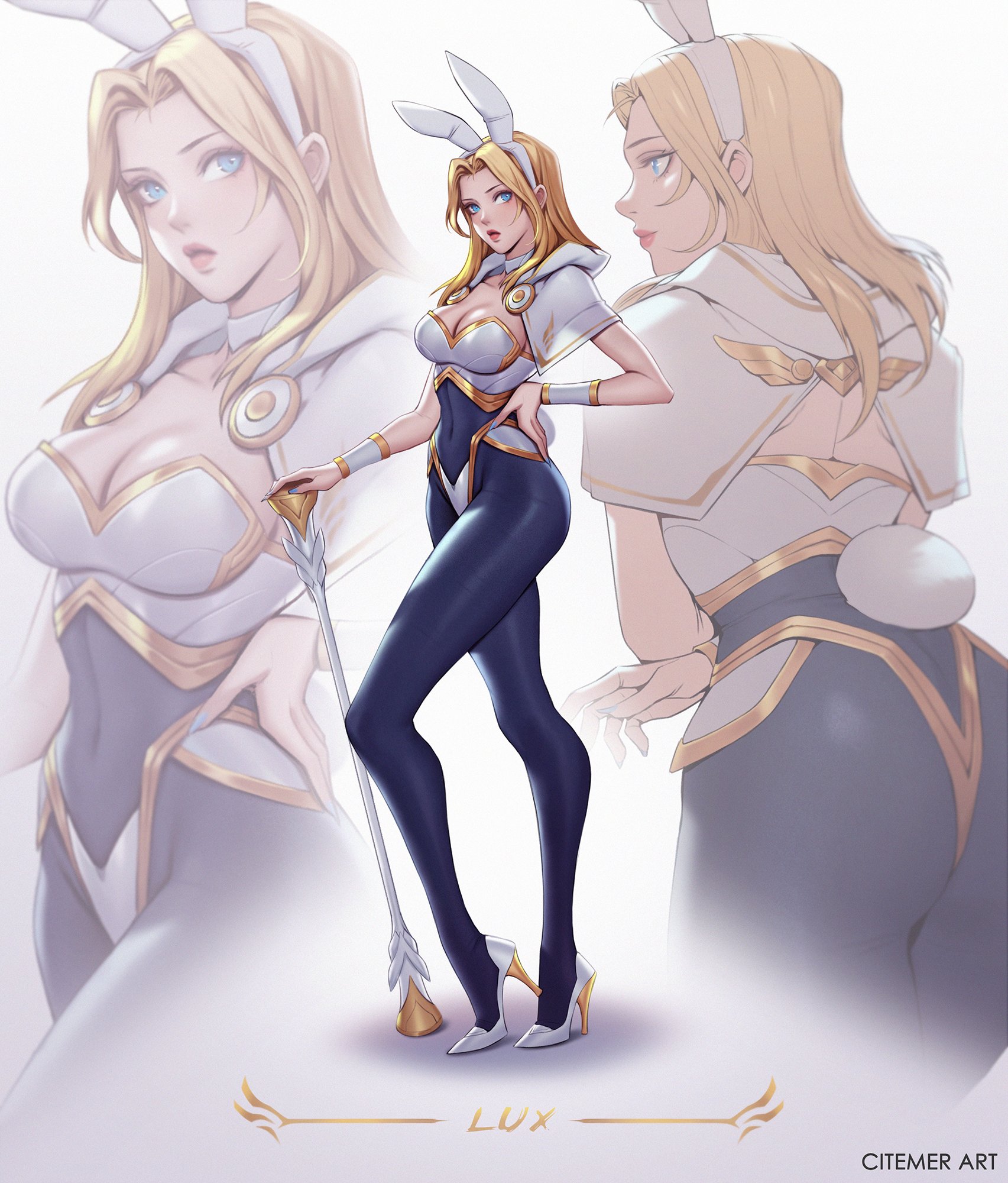 1girls, ass, big ass, blonde hair, blue eyes, breasts, bunny ears, bunnysuit, citemer, cleavage, clothed, clothing, elegant, female, fit, fit female, hand on hip, hand on object, headband, heels, hips, league of legends, looking at viewer, luxanna crownguard, medium breasts, staff