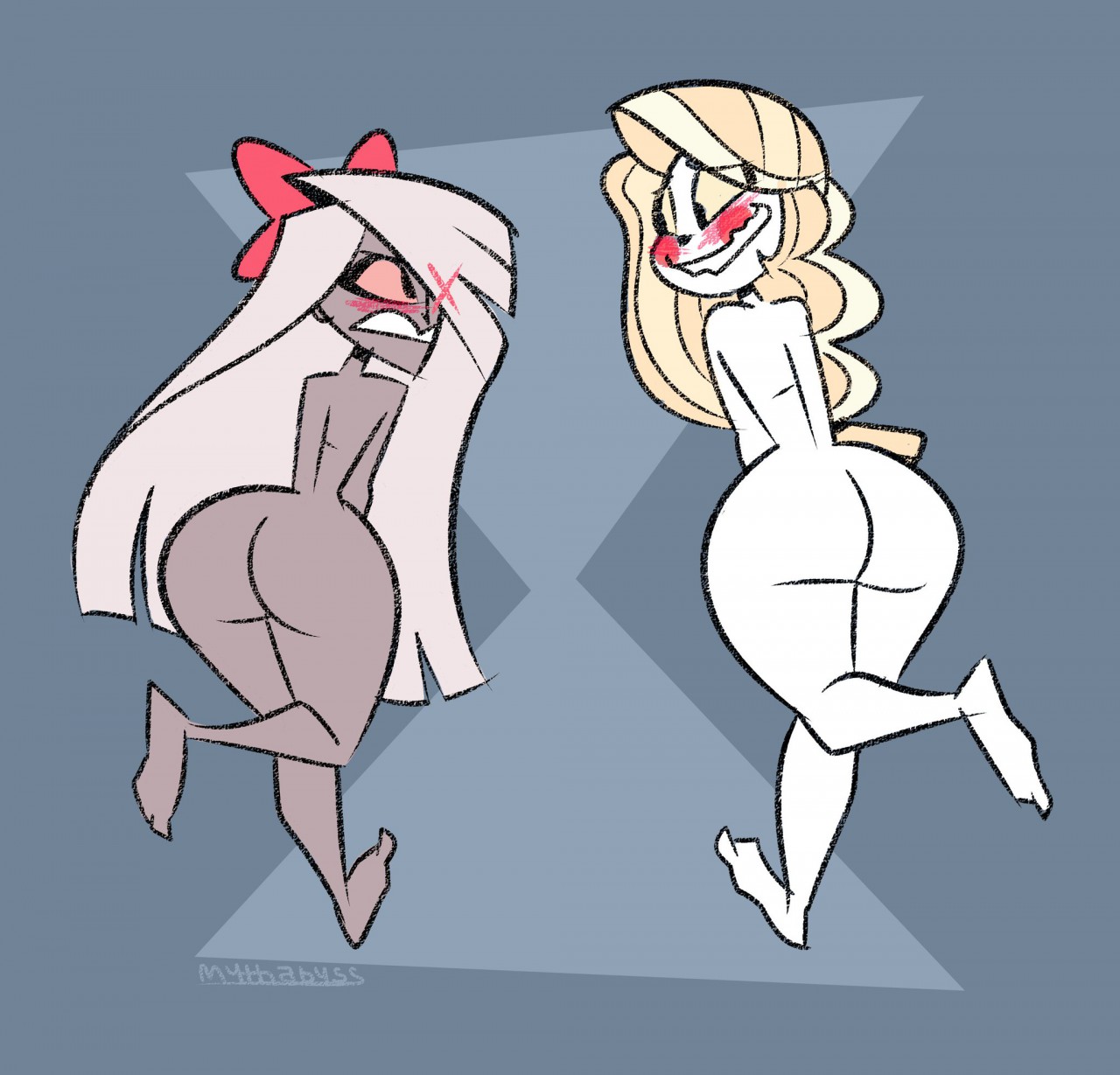 2girls, ass, big ass, blonde hair, blush, bow, charlie morningstar (hazbin hotel), completely nude, covering, dark skin, dark-skinned female, demon, demon girl, embarrassed, embarrassed nude female, enf, eyes covered, female, female only, full body, grey hair, hazbin hotel, long hair, multiple females, multiple girls, mythabyss, naked, naked female, narrow shoulders, nude, nude female, spindlehorse toons, straight hair, streaking, thick thighs, thin arms, thin waist, vaggie (hazbin hotel), vivienne medrano, vivziepop, wide hips