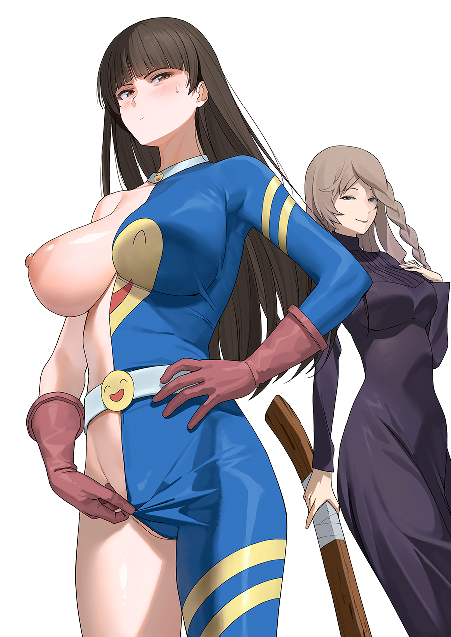 2girls, a1 (initial-g), areola, big breasts, blush, breasts, brown hair, cosplay, embarrassed, female, female only, fumihiko takaba (cosplay), girls und panzer, half-dressed, initial-g, jujutsu kaisen, light skin, light-skinned female, long hair, mei mei (jujutsu kaisen) (cosplay), nipple, nishizumi shiho, shimada chiyo, sweatdrop, white background