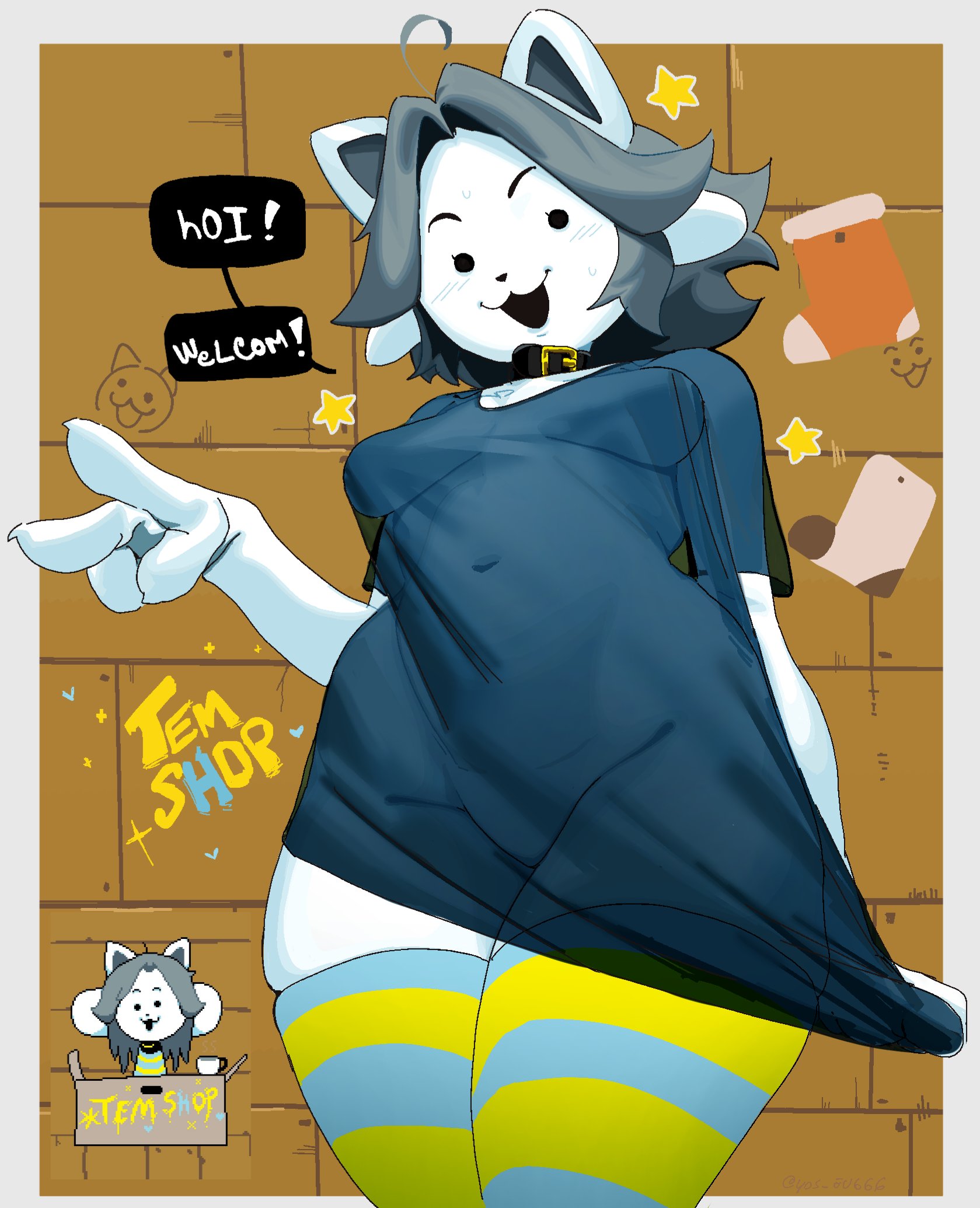1girls, belt collar, cat ears, feline, female, female focus, female only, fur, furry female, grey hair, looking at viewer, no bra, peace sign, see-through clothing, shirt, solo, solo female, solo focus, tagme, temmie, temmie (undertale), thighhighs, undertale, white fur, yos ev666