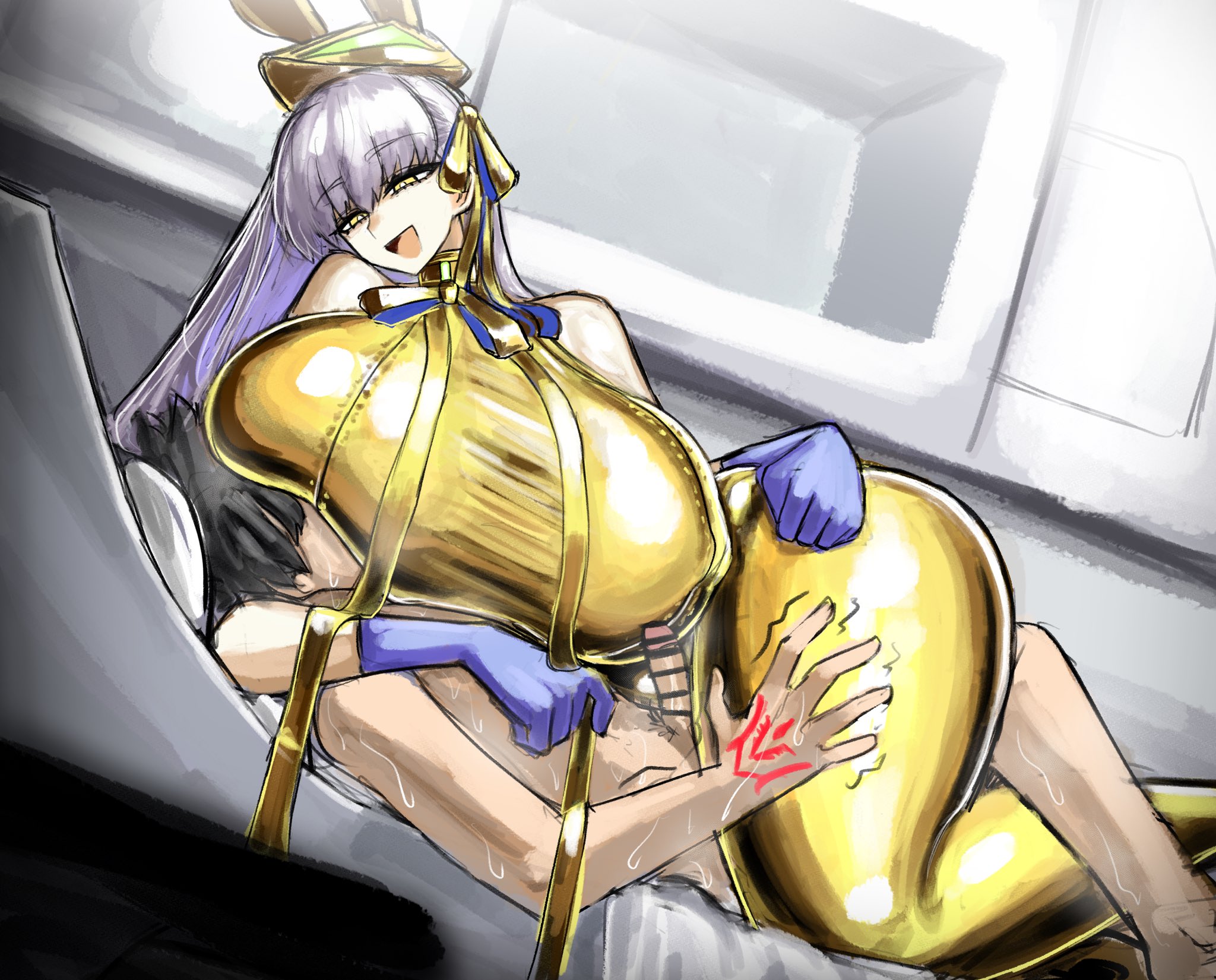 1boy, 1girls, bb (fate), big breasts, bigger female, breasts, clothed, clothed female, cock, dominant, dominant female, erect cock, erect penis, erection, fate (series), fate/grand order, fujimaru ritsuka (male), large boobs, large breasts, larger female, long hair, long hair female, maabo harusame, naked, naked male, nude, nude male, nudity, penis, short hair, short hair male, shorter male, smaller male, submissive, submissive male, thick thighs, thighs, xn8xra2jau12ycb