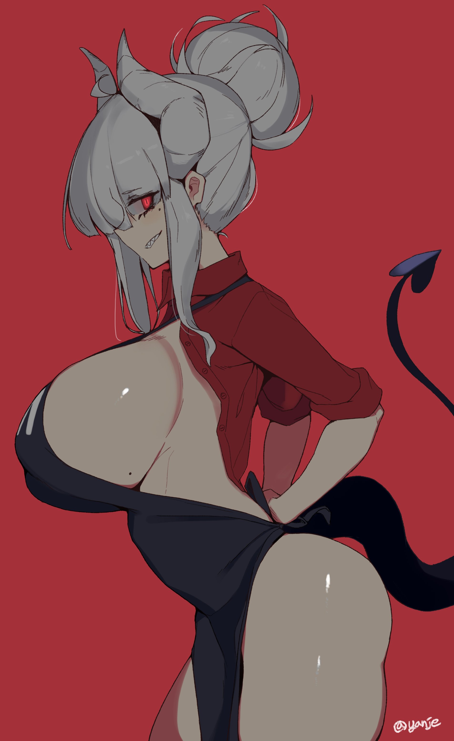 1girls, apron, ass, beauty mark, big ass, big breasts, bottomless, breasts, curvy, demon, demon girl, demon horns, demon tail, female, grin, helltaker, horns, huge ass, huge breasts, looking at viewer, lucifer (helltaker), open shirt, red eyes, sideboob, simple background, solo, tail, thick thighs, white hair, yanje