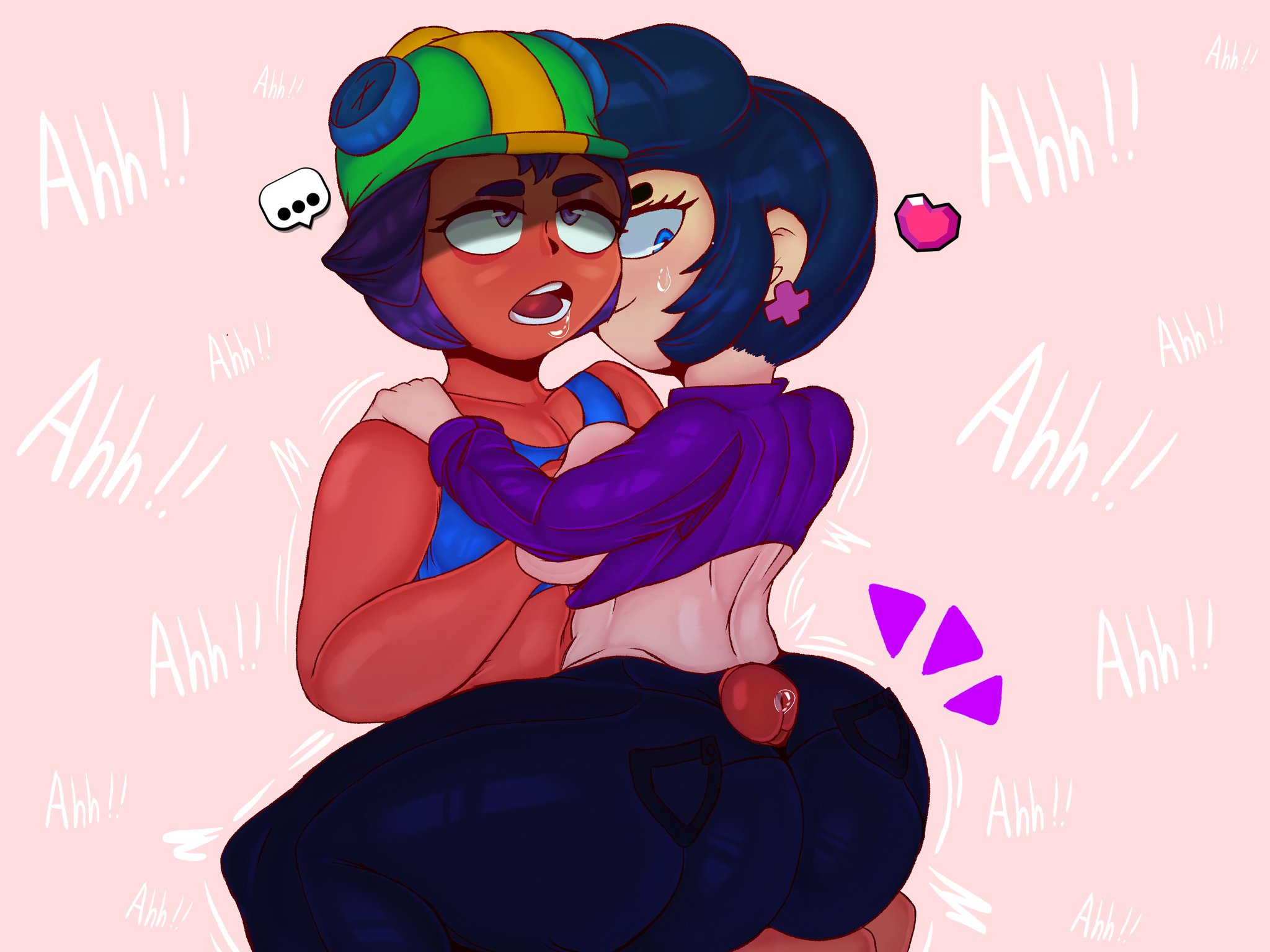 1boy, 1girls, ass, assjob, bibi (brawl stars), big ass, big breasts, big penis, brawl stars, breasts, buttjob, buttsex, chocolate and vanilla, clothed, clothed sex, covered assjob, covered buttjob, dark skin, dark-skinned dom, dark-skinned femboy, dark-skinned male, dark-skinned sissy, dark-skinned twink, female, femboy, femboydom, heart, interracial, jacksito (artist), japanese, jeans, large ass, light-skin, light-skinned female, male, penis, pressing, sandy (brawl stars), text