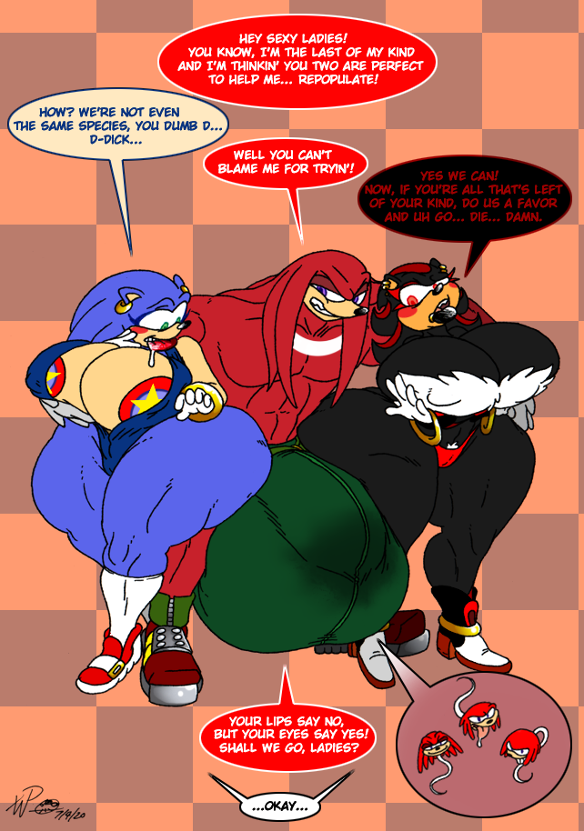 anthro, balls, big balls, big breasts, big penis, bimbo, bimbofication, bodily fluids, breasts, bulge, clothing, drooling, echidna, english text, eulipotyphlan, female, genderswap, genital fluids, genitals, group, hedgehog, huge balls, huge breasts, huge cock, hyper, hyper balls, hyper breasts, hyper genitalia, hyper hips, hyper penis, knuckles the echidna, lips, lipstick, makeup, male, monotreme, penis, precum, precum through clothing, rule 63, saliva, shade the hedgehog, shadow the hedgehog, sonic (series), sonic the hedgehog, sonic the hedgehog (series), sonique the hedgehog, speech bubble, straight, text, thick lips, wet, wet clothing, wide hips, xanderdwulfe