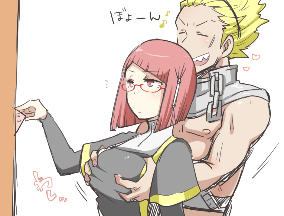 1boy 1girls alternate_breast_size big_breasts blonde_hair breast_grab breasts emotionless eyelashes fire_emblem fire_emblem_awakening glasses grope groping groping_breasts groping_from_behind hair_ornament miriel_(fire_emblem) nintendo red_eyes red_glasses red_hair shougayaki_(kabayaki_3) straight unamused vaike_(fire_emblem) yellow_hair