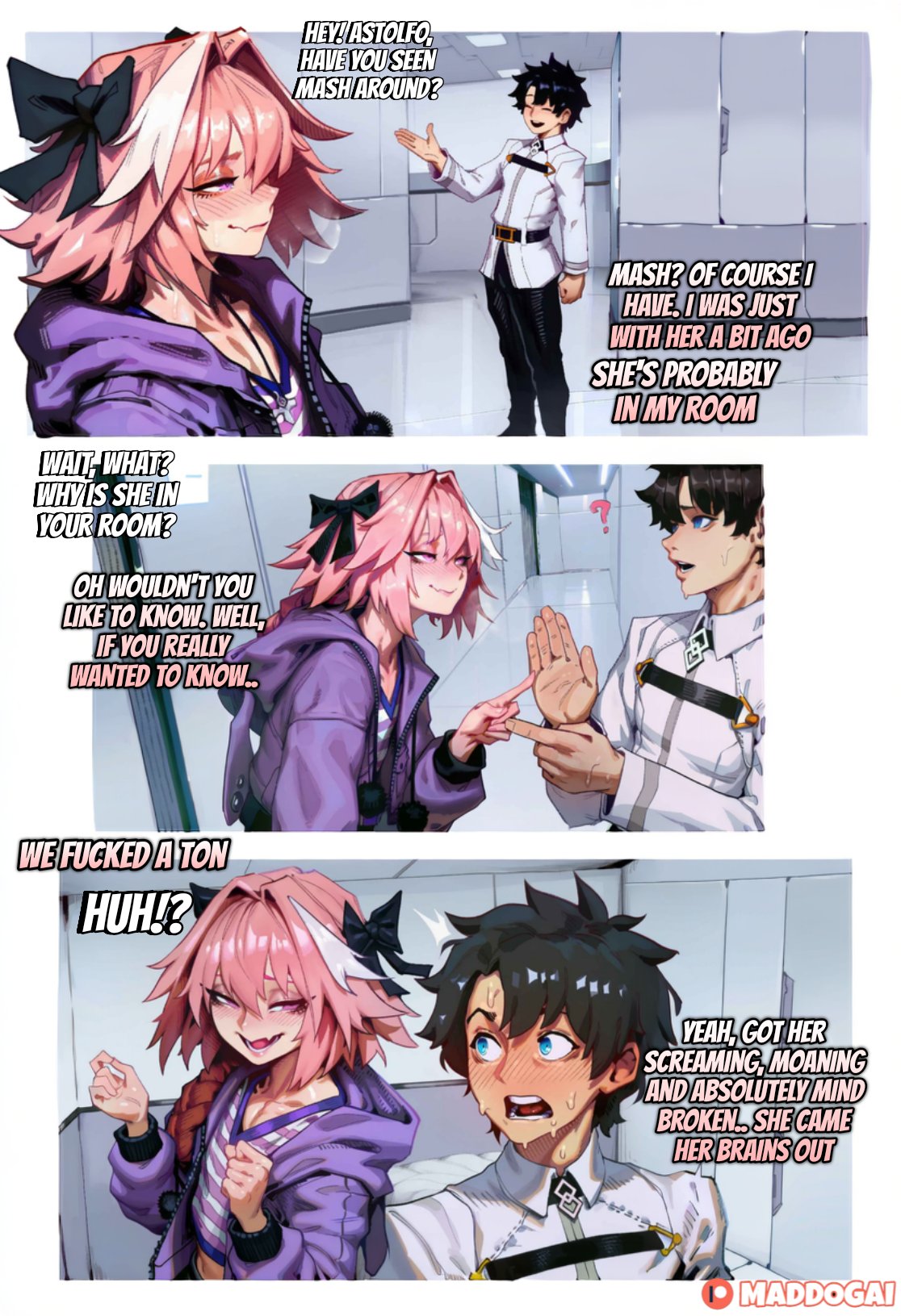 2boys, ai generated, astolfo (fate), black hair, black hair male, blush, blushing, cheating, cheating girlfriend, cucked, cucked by femboy, cuckold, dialogue, duo, english, english text, fate (series), fate/grand order, femboy, femboydom, feminine male, hair, maddogai, male, male only, multiple males, no sex, ntr, page 1, pink hair, pink hair male, ponytail, shiny skin, sweat, sweatdrop, sweating, sweaty, sweaty body, text, trap, watermark, wet, wet body