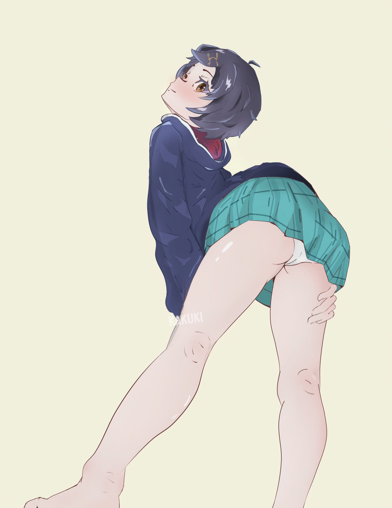 barefoot, beige background, black hair, blue skirt, brown eyes, fully clothed, grabbing own thigh, hair ornament, hoodie, kakudraw, kakuki, looking at viewer, looking back, marvel, marvel tokon: fighting souls, no socks, pantyshot, peni parker, peni parker (marvel tokon), skirt, viewed from behind, white panties
